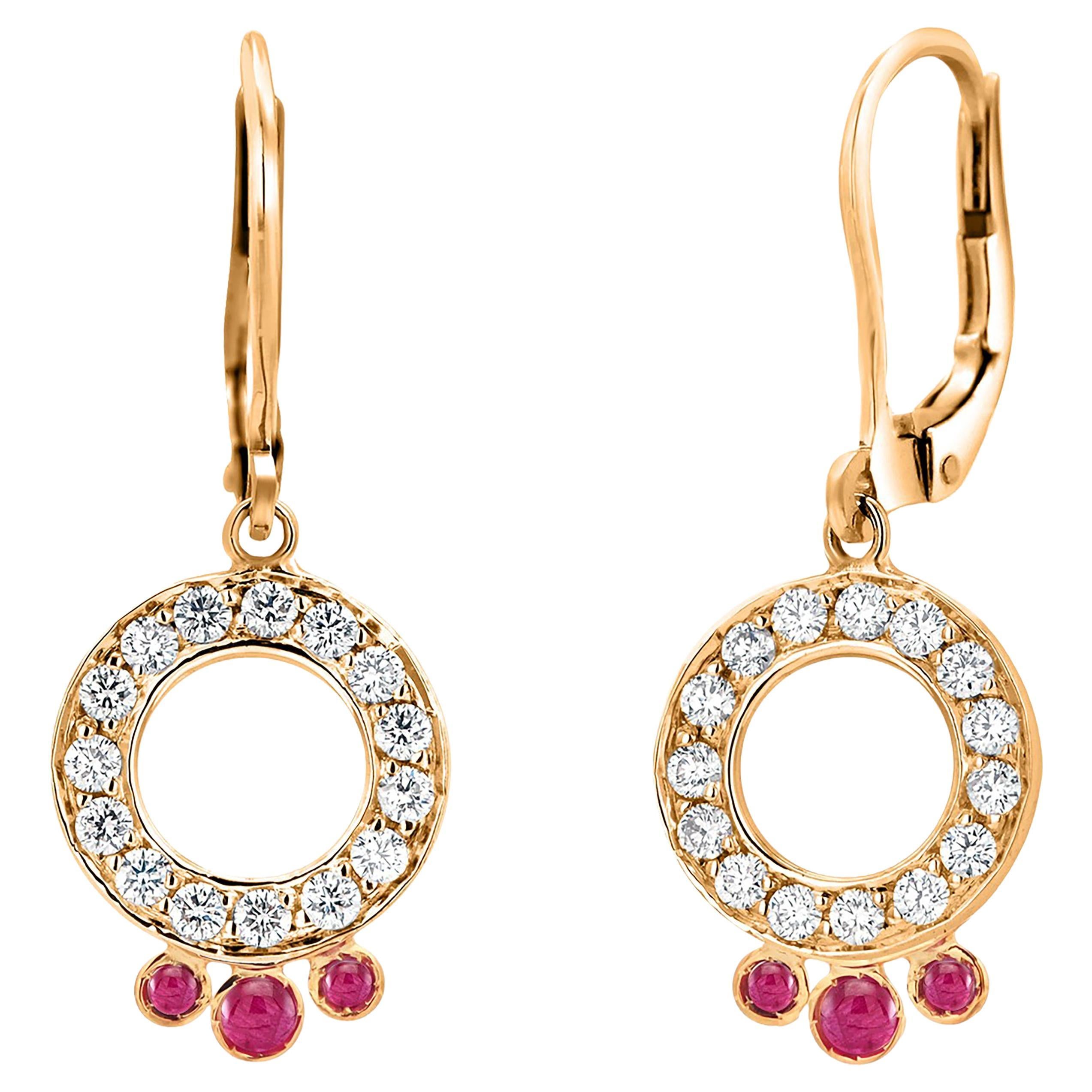 Large Diamond Weighing 1.40 Carat Rubies Circle Leverback Hoop Gold Earrings