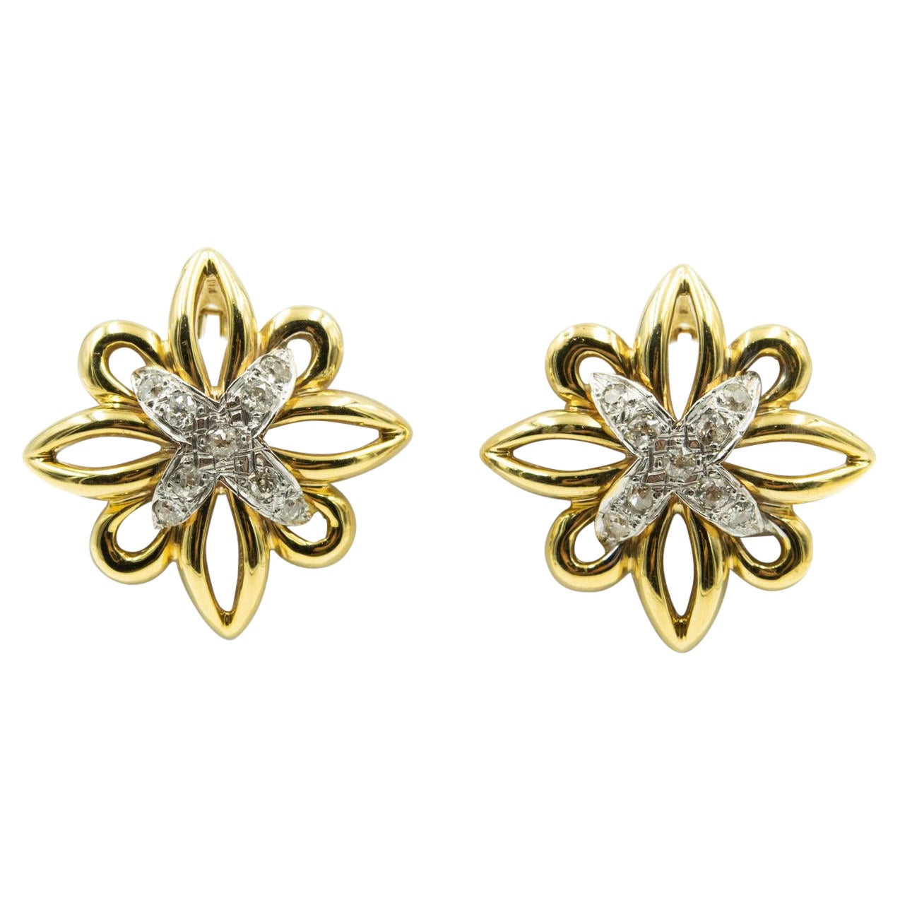 Grandes boucles d'oreilles fleurs en or jaune et diamants