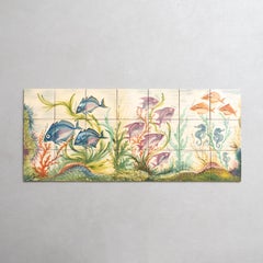Large Hand-Painted Ceramic Artwork of Fishes, Circa 1960, Signed