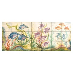 Großes handbemaltes Diaz Costa-Keramik-Kunstwerk mit Fischen, um 1960