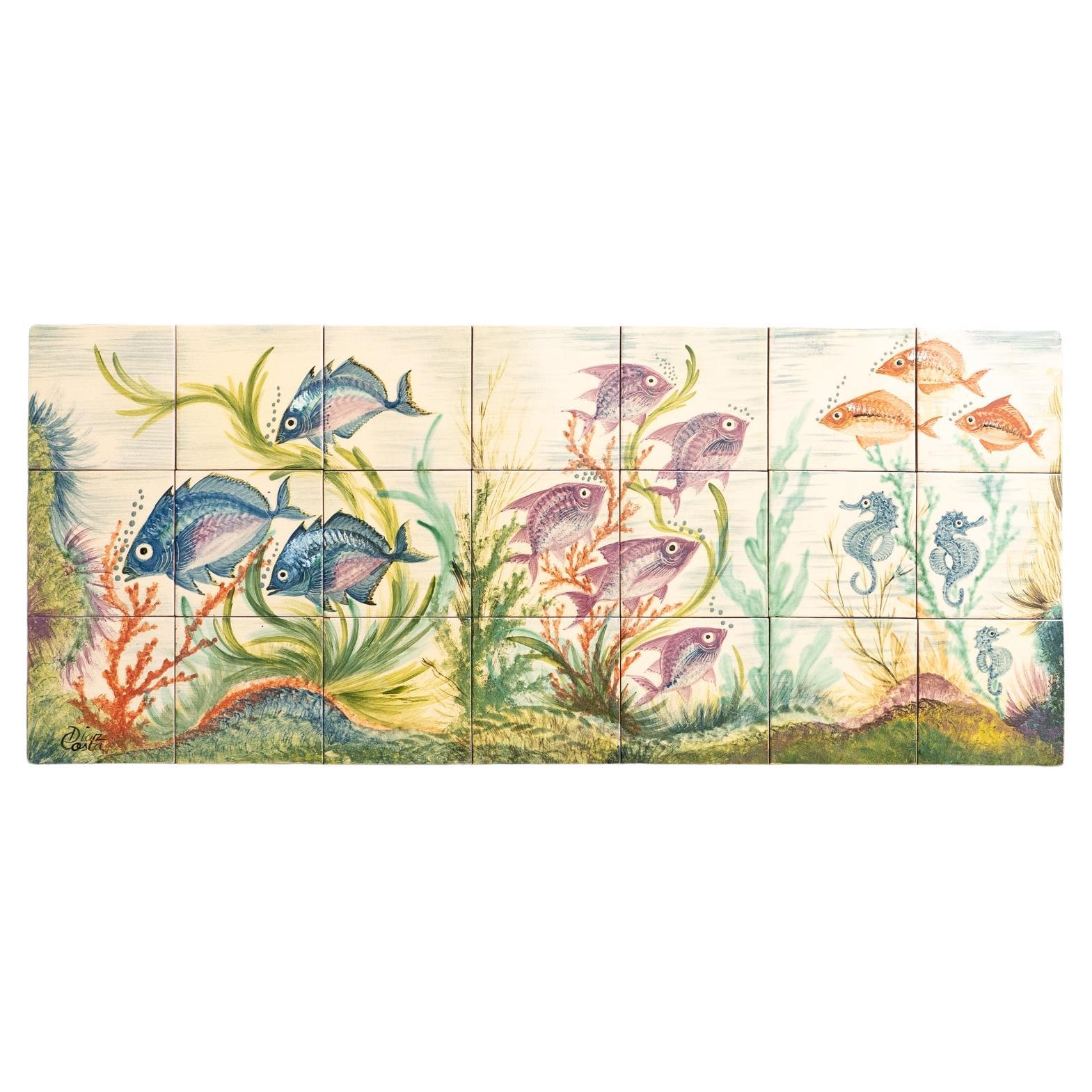 Large Diaz Costa Ceramic Hand Painted Artwork of Fishes, circa 1960 For Sale