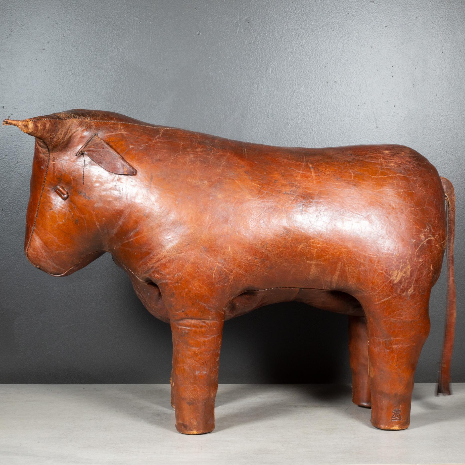 Mid-Century Modern Large Dimitri Omersa for Abercrombie & Fitch Leather Bull Footstool/Ottoman c.19