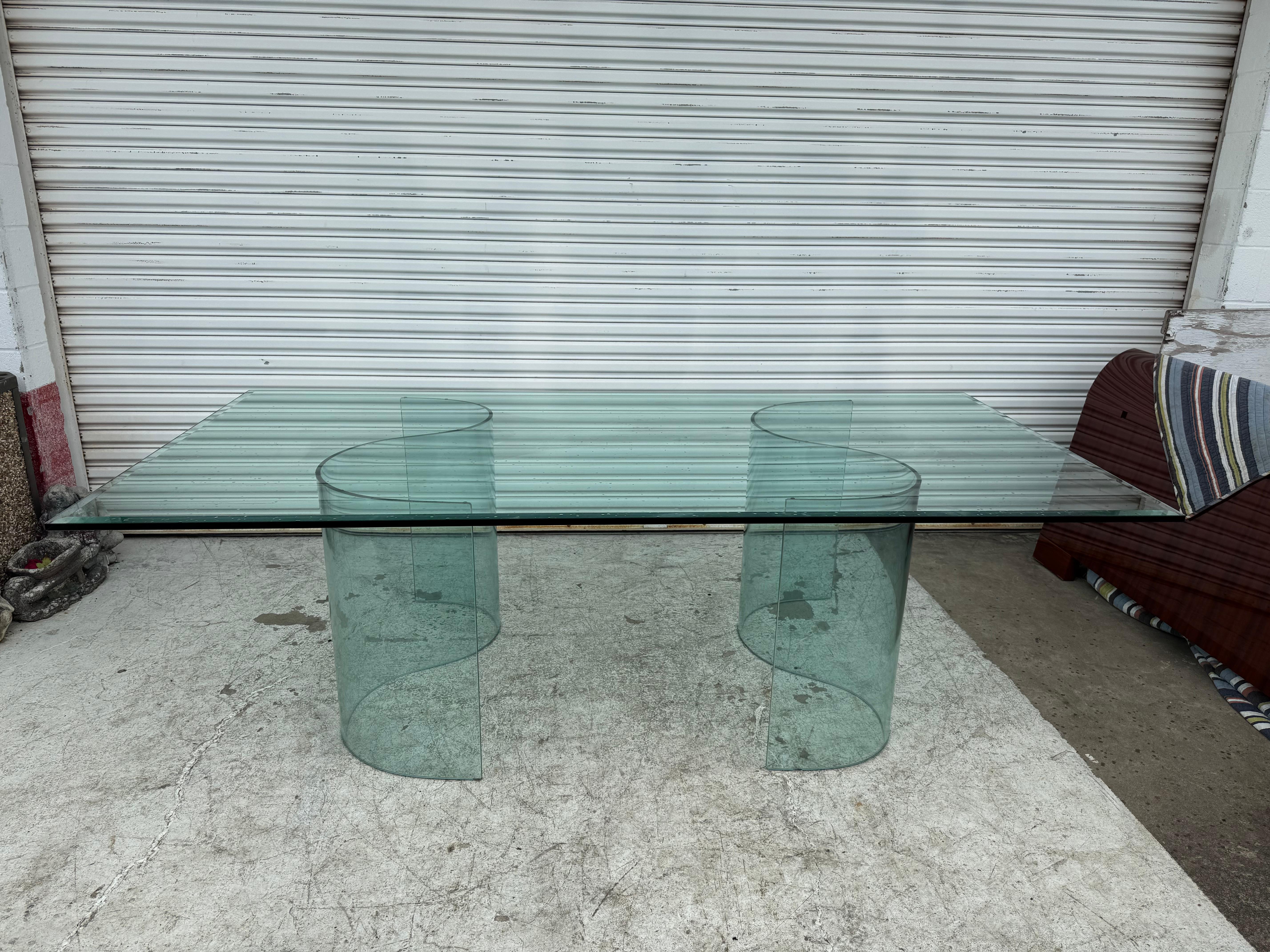Modern Fiam Italia Large Glass Dining/Conference Table w/ 2 Wave-Shaped Glass Bases For Sale