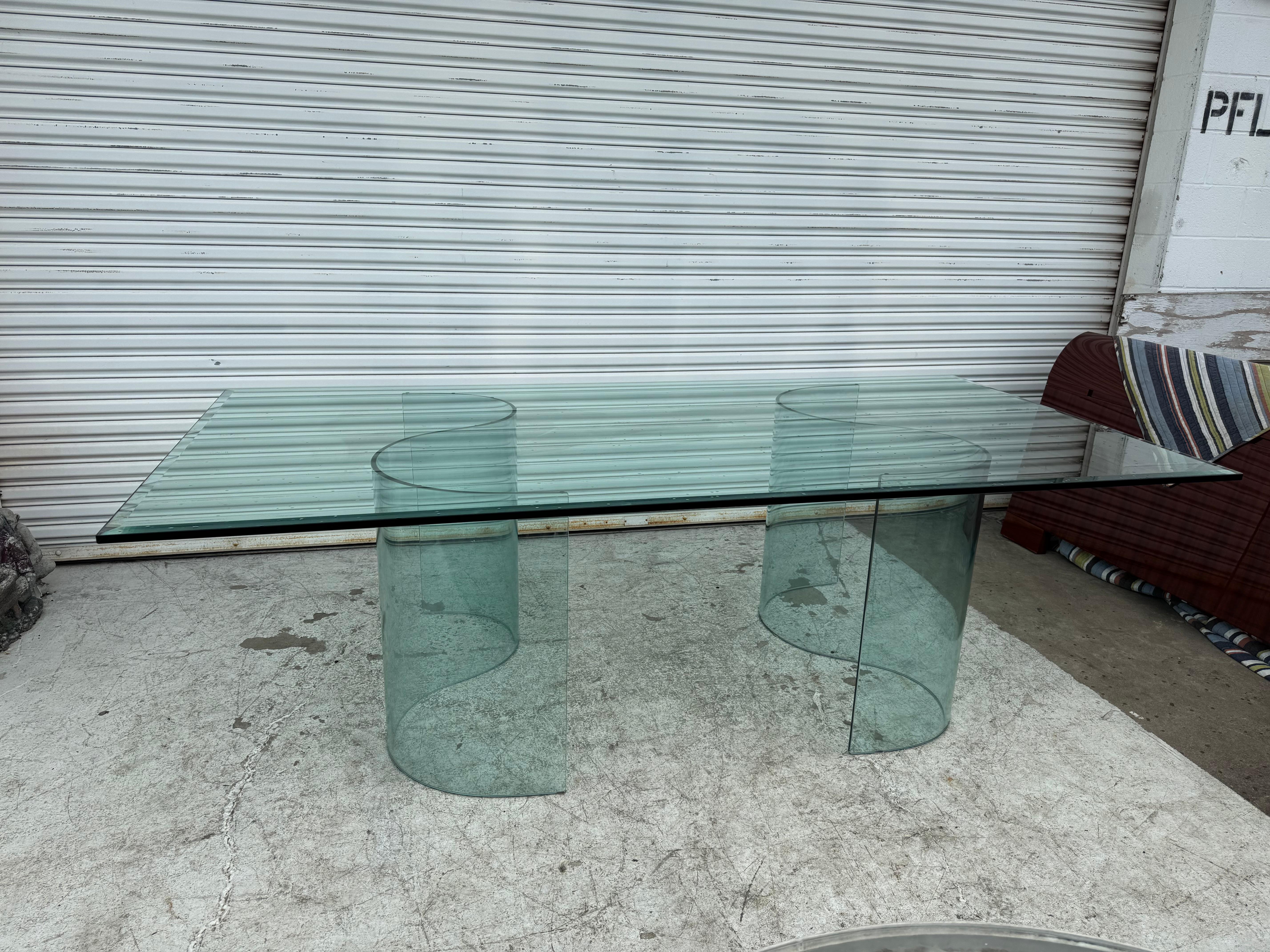 Fiam Italia Large Glass Dining/Conference Table w/ 2 Wave-Shaped Glass Bases In Good Condition For Sale In Pasadena, TX