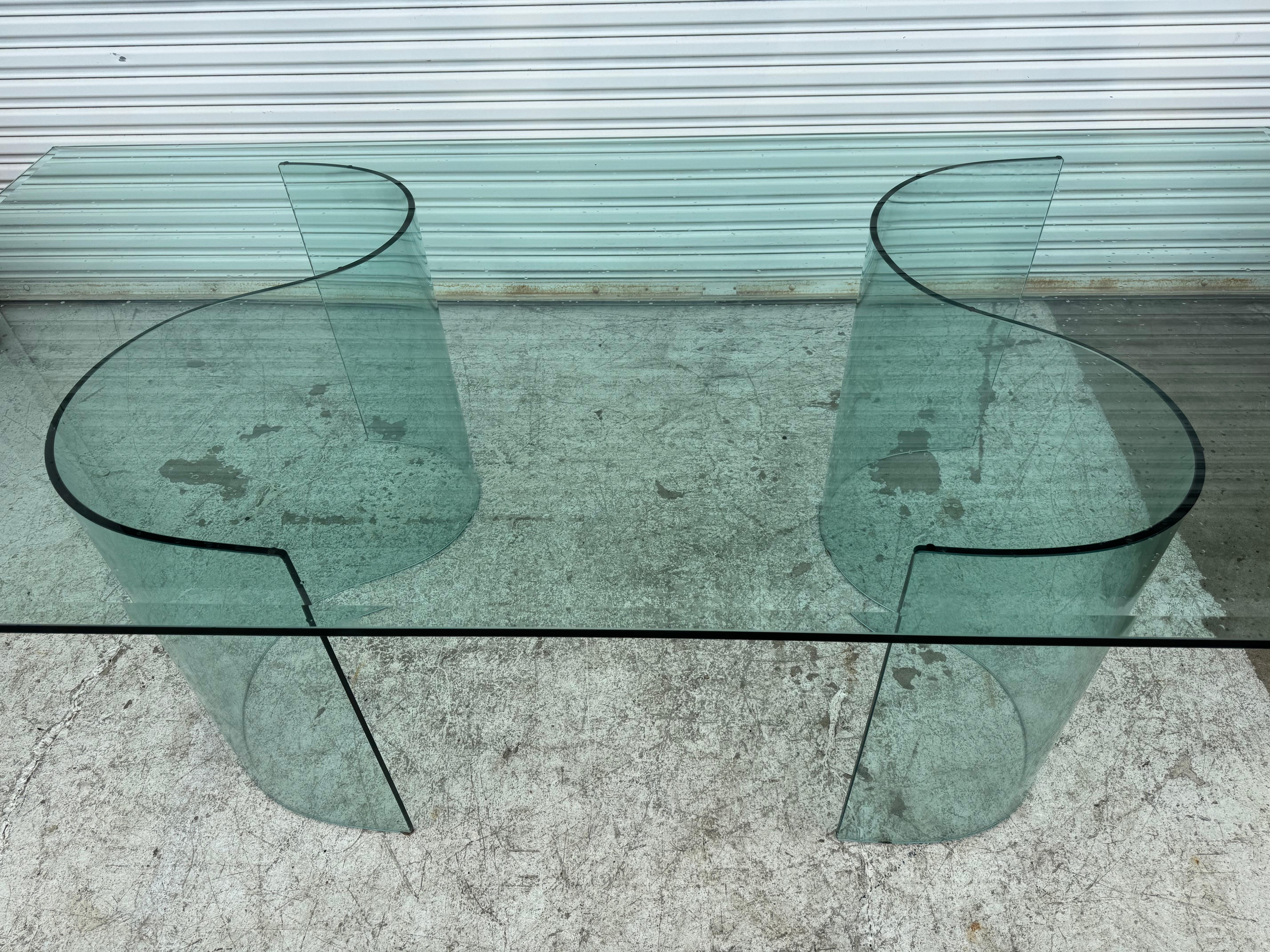 Fiam Italia Large Glass Dining/Conference Table w/ 2 Wave-Shaped Glass Bases For Sale 1