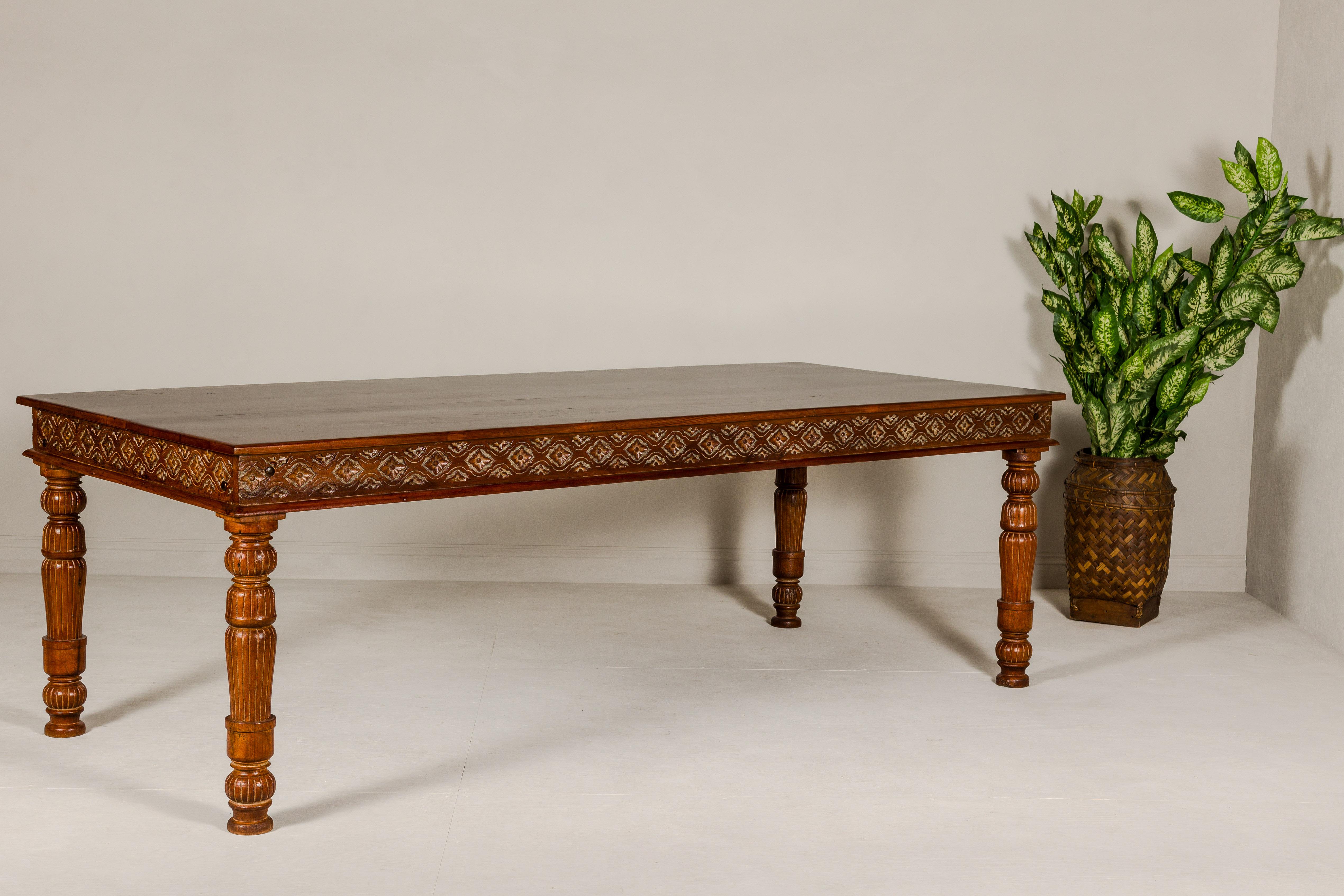 Large Dining Room Table with Carved Apron, Floral Motifs and Turned Legs For Sale 7