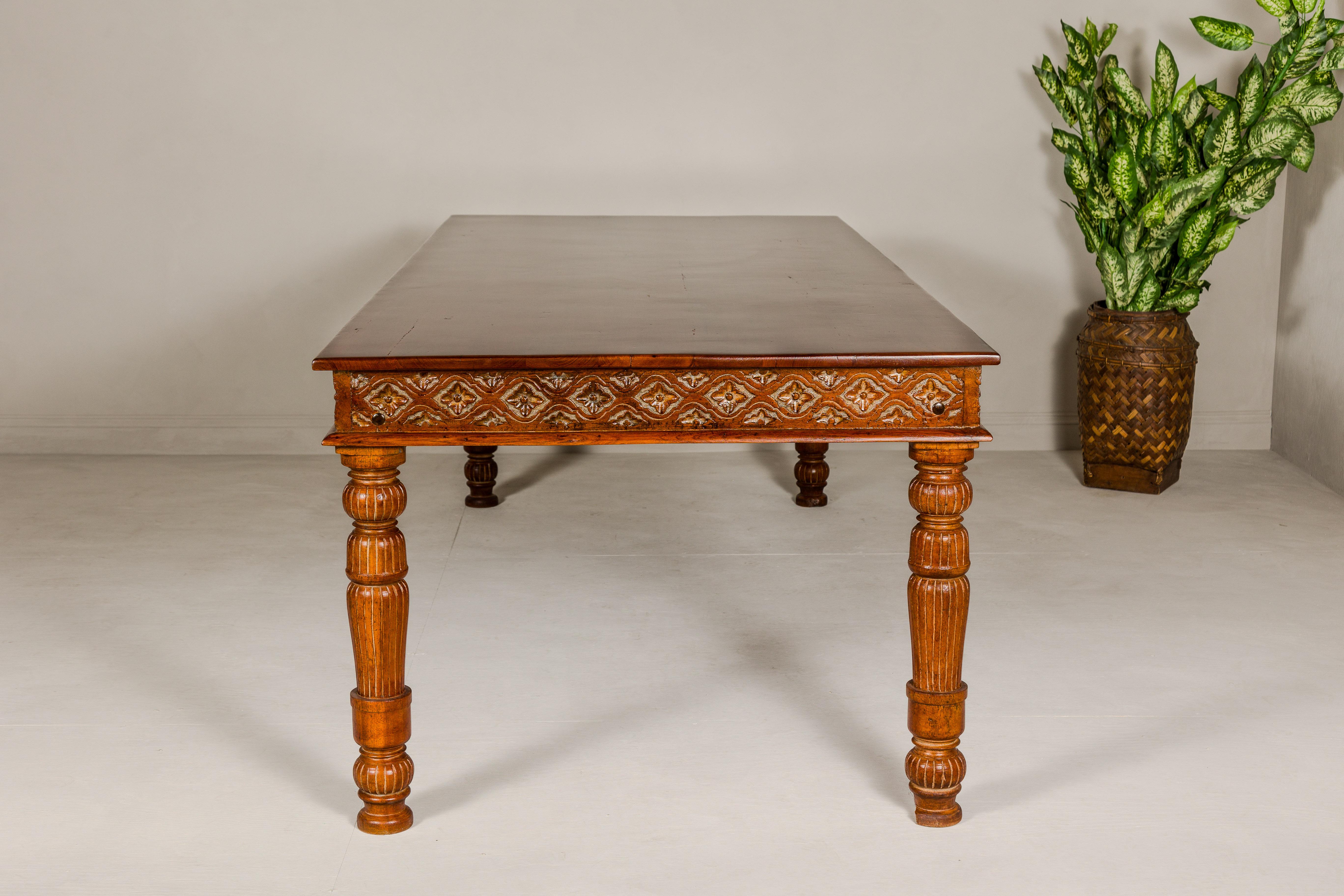 Large Dining Room Table with Carved Apron, Floral Motifs and Turned Legs For Sale 8