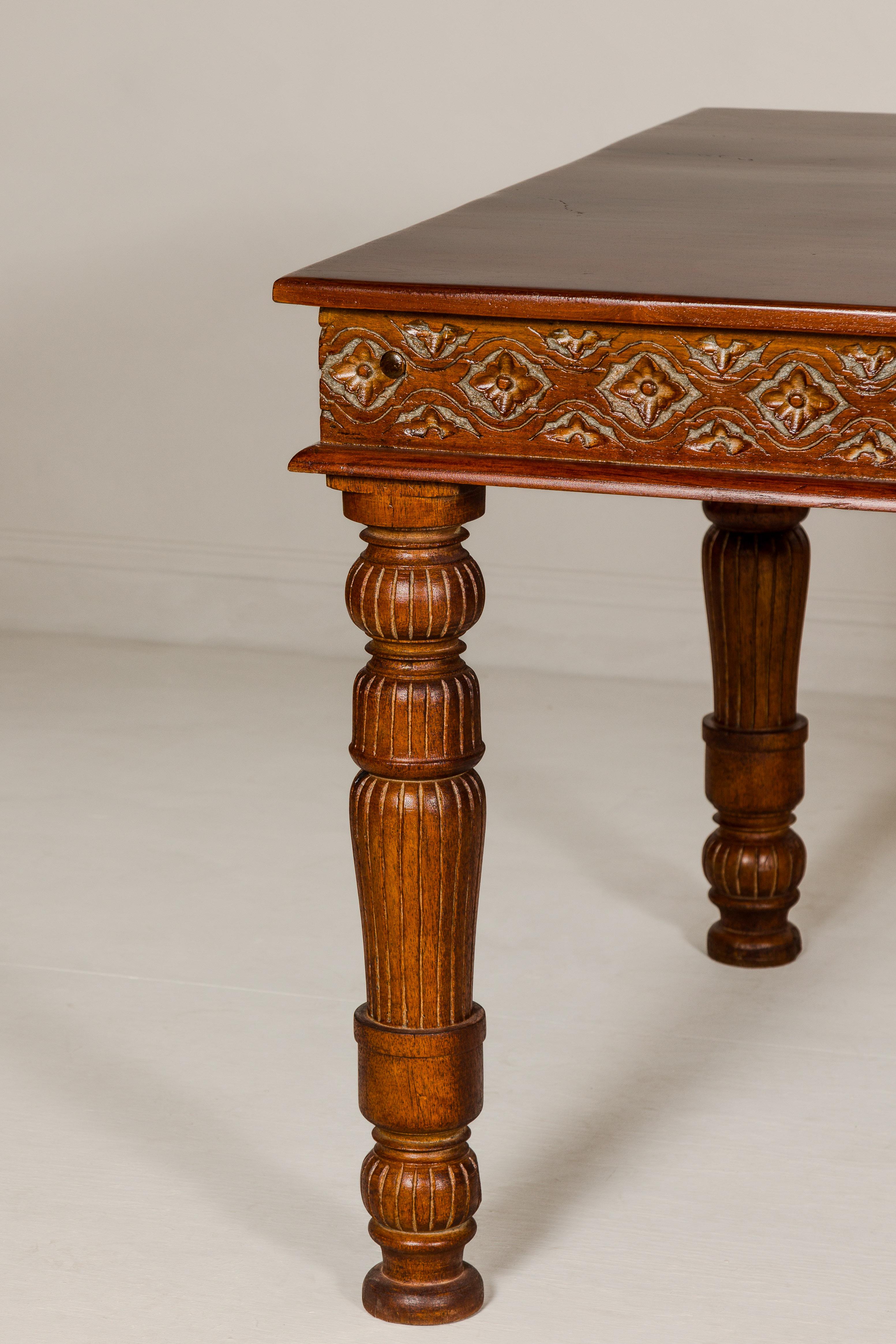 Wood Large Dining Room Table with Carved Apron, Floral Motifs and Turned Legs