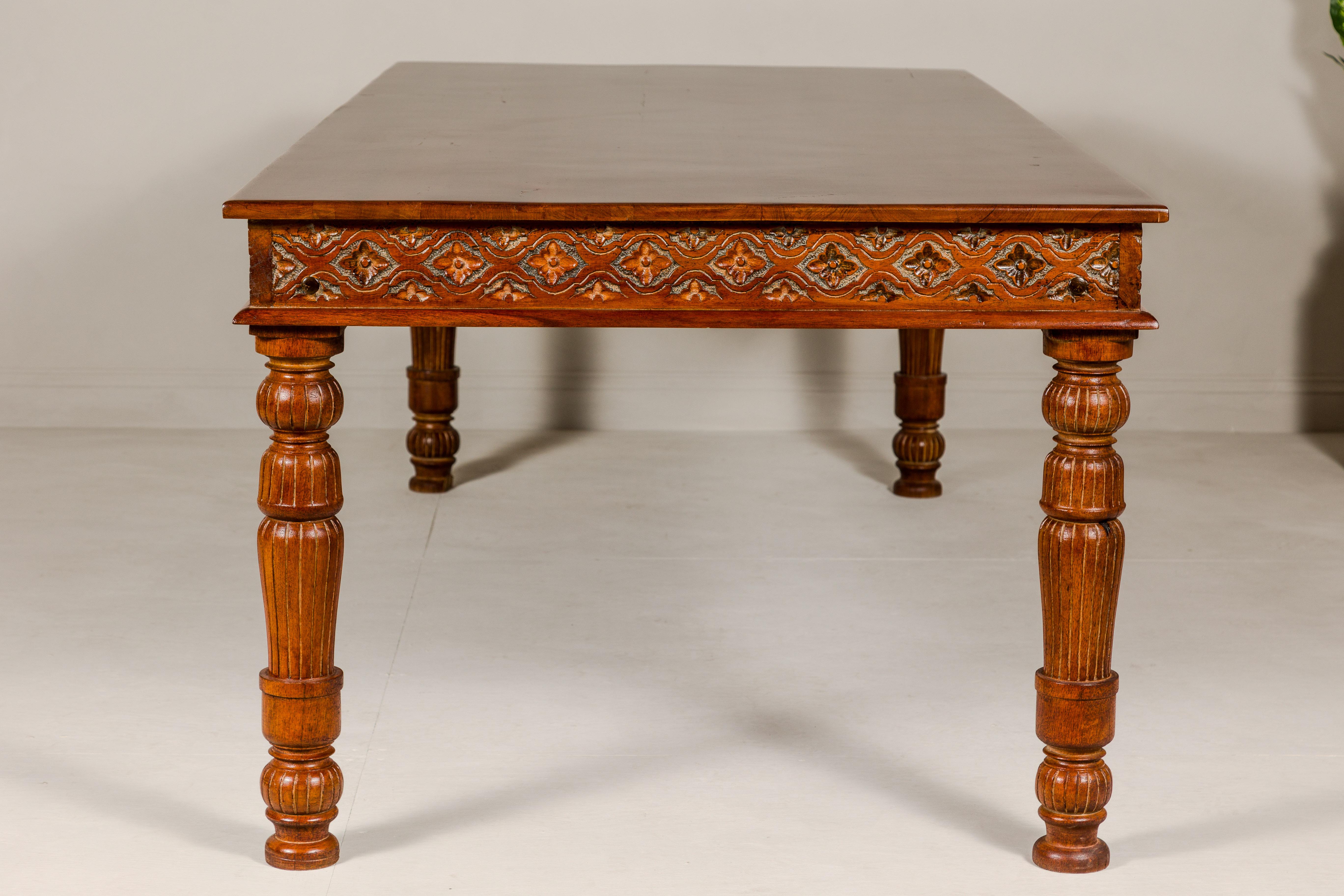 Large Dining Room Table with Carved Apron, Floral Motifs and Turned Legs For Sale 2