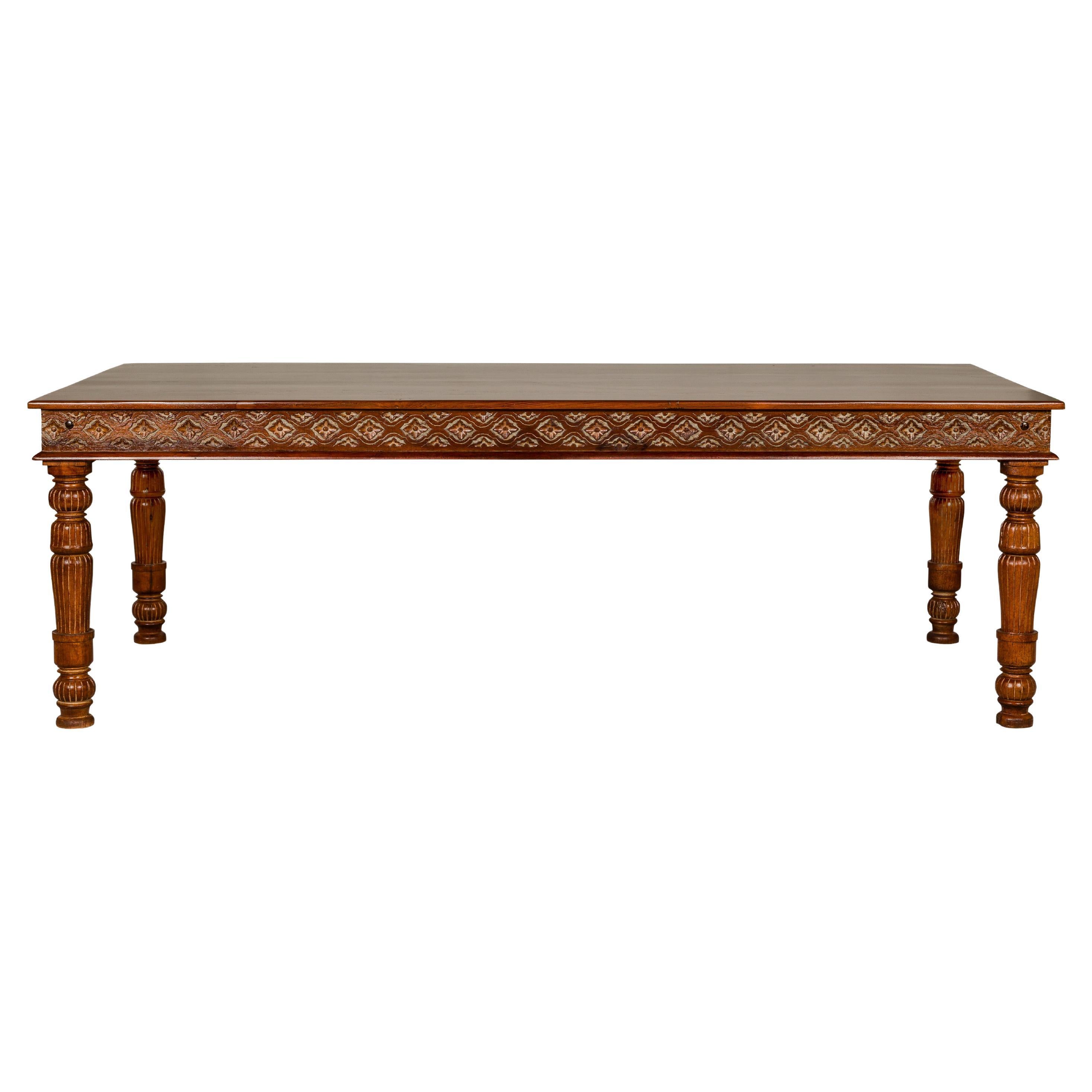 Large Dining Room Table with Carved Apron, Floral Motifs and Turned Legs For Sale