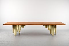 Large Dining Table Live Edge Slab Solid Wood Iroko, Steel Mirror Gold Structure