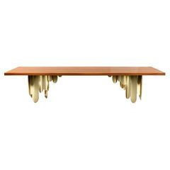 Large Dining Table Live Edge Slab Solid Wood Iroko, Steel Mirror Gold Structure