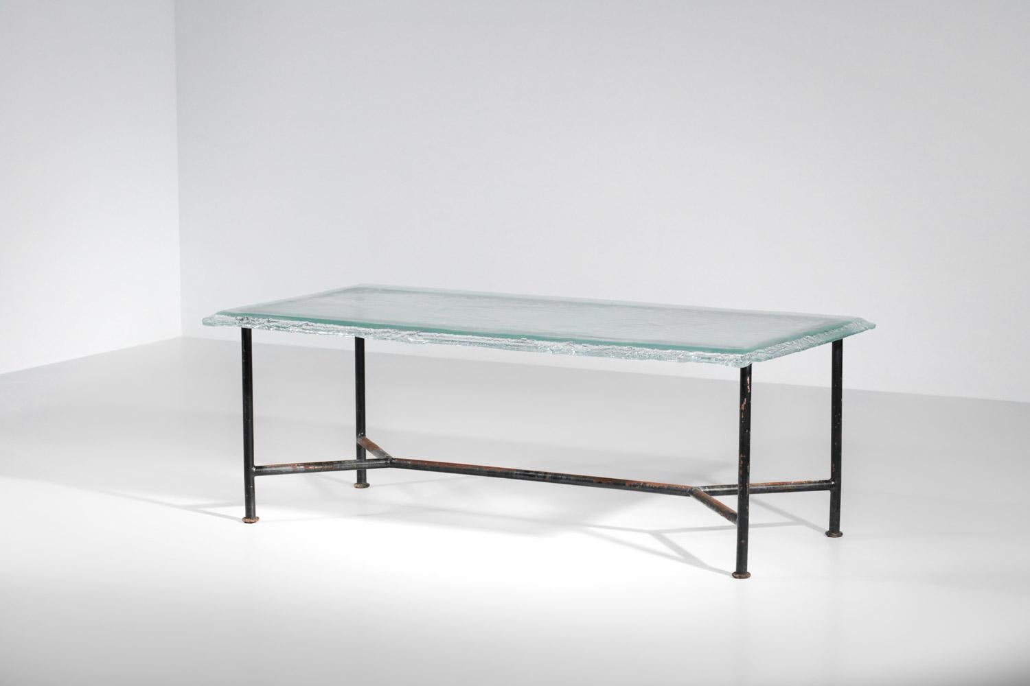 French Large Dining Table Metal and Glass Slab Artisanal Work