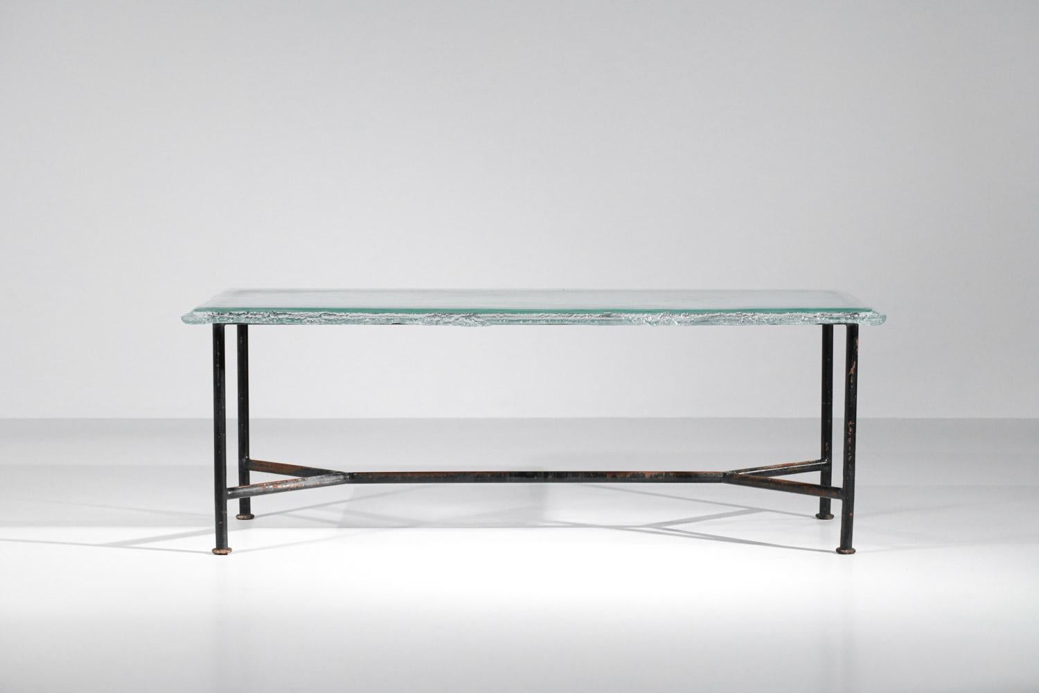 Large Dining Table Metal and Glass Slab Artisanal Work In Good Condition In Lyon, FR