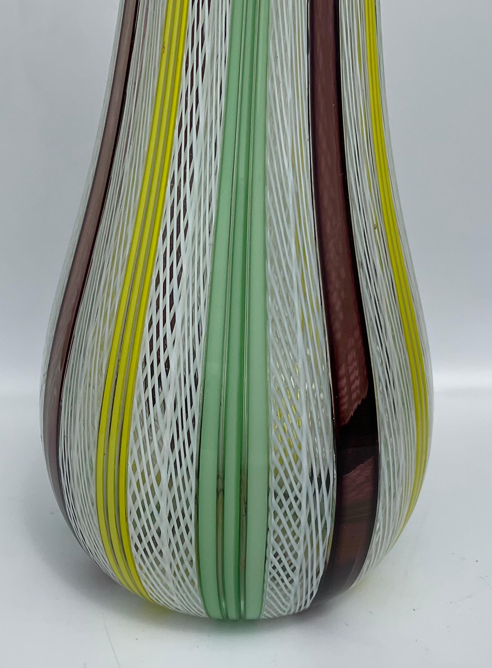 Mid-Century Modern Large Dino Martens Aureliano Toso Attributed Murano Art Glass Latticino Vase For Sale