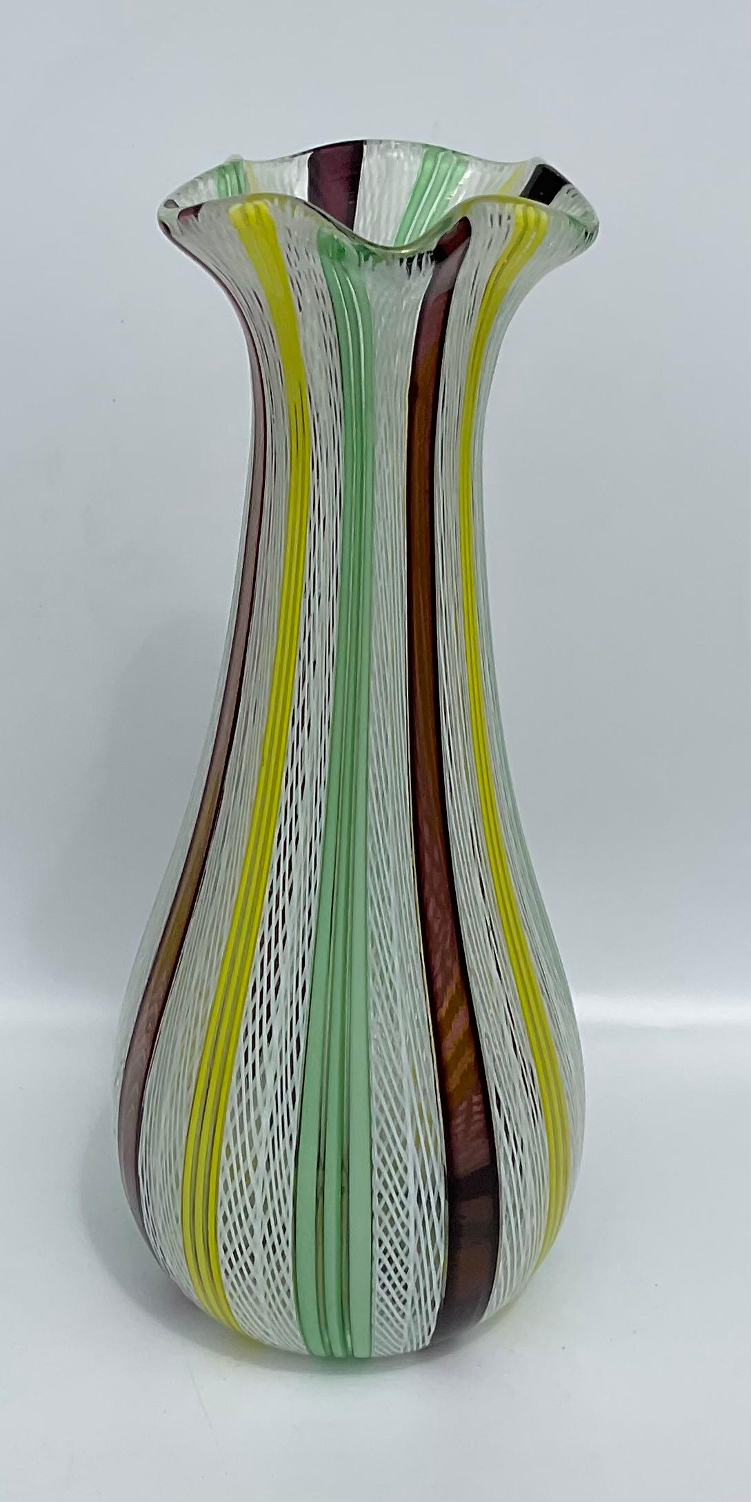 Italian Large Dino Martens Aureliano Toso Attributed Murano Art Glass Latticino Vase For Sale