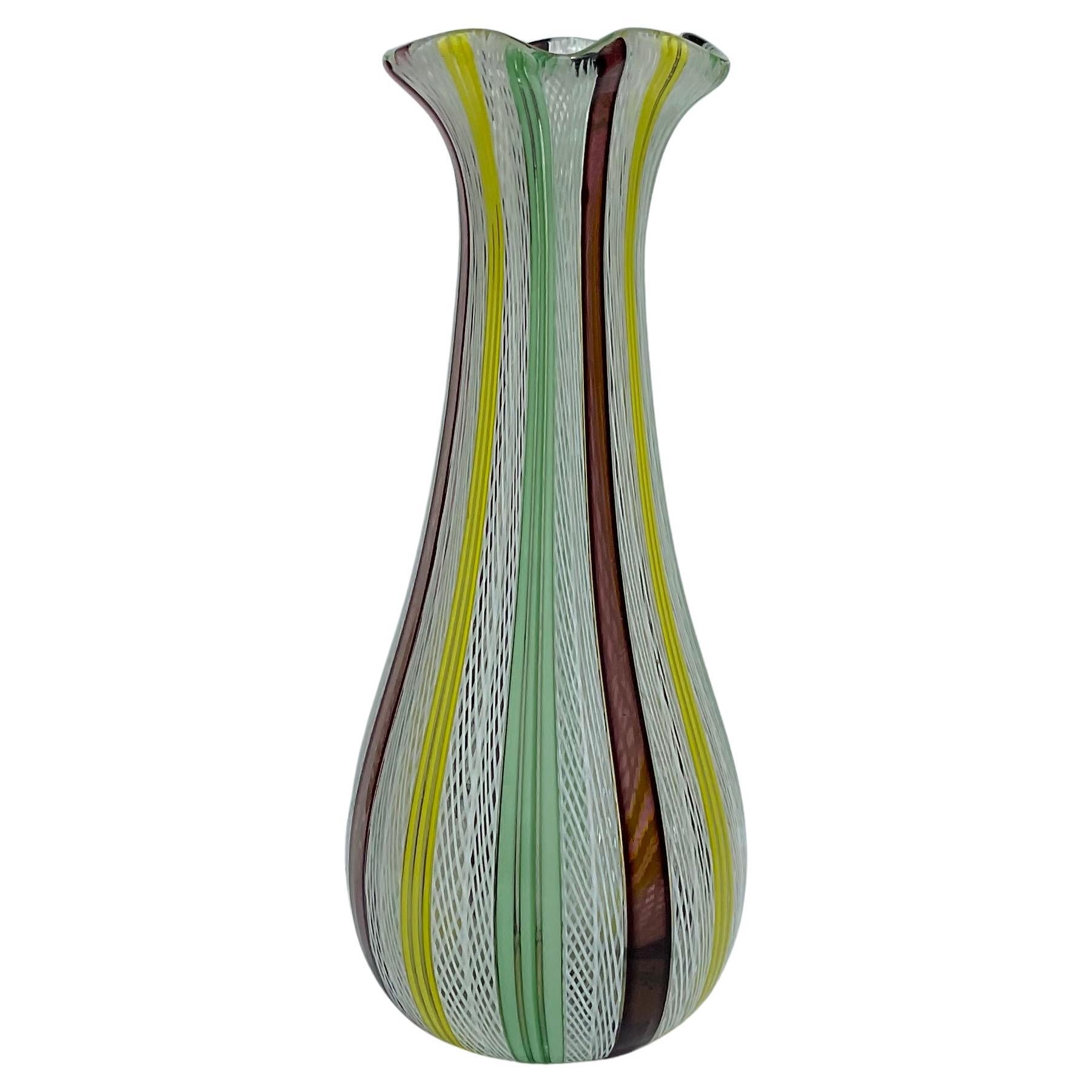 Large Dino Martens Aureliano Toso Attributed Murano Art Glass Latticino Vase For Sale