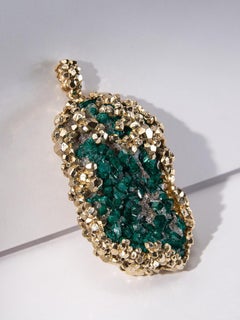 Large Dioptase raw crystals Yellow gold pendant Gem Deep Forest