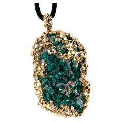 Large Dioptase raw crystals Yellow gold pendant Gem Deep Forest