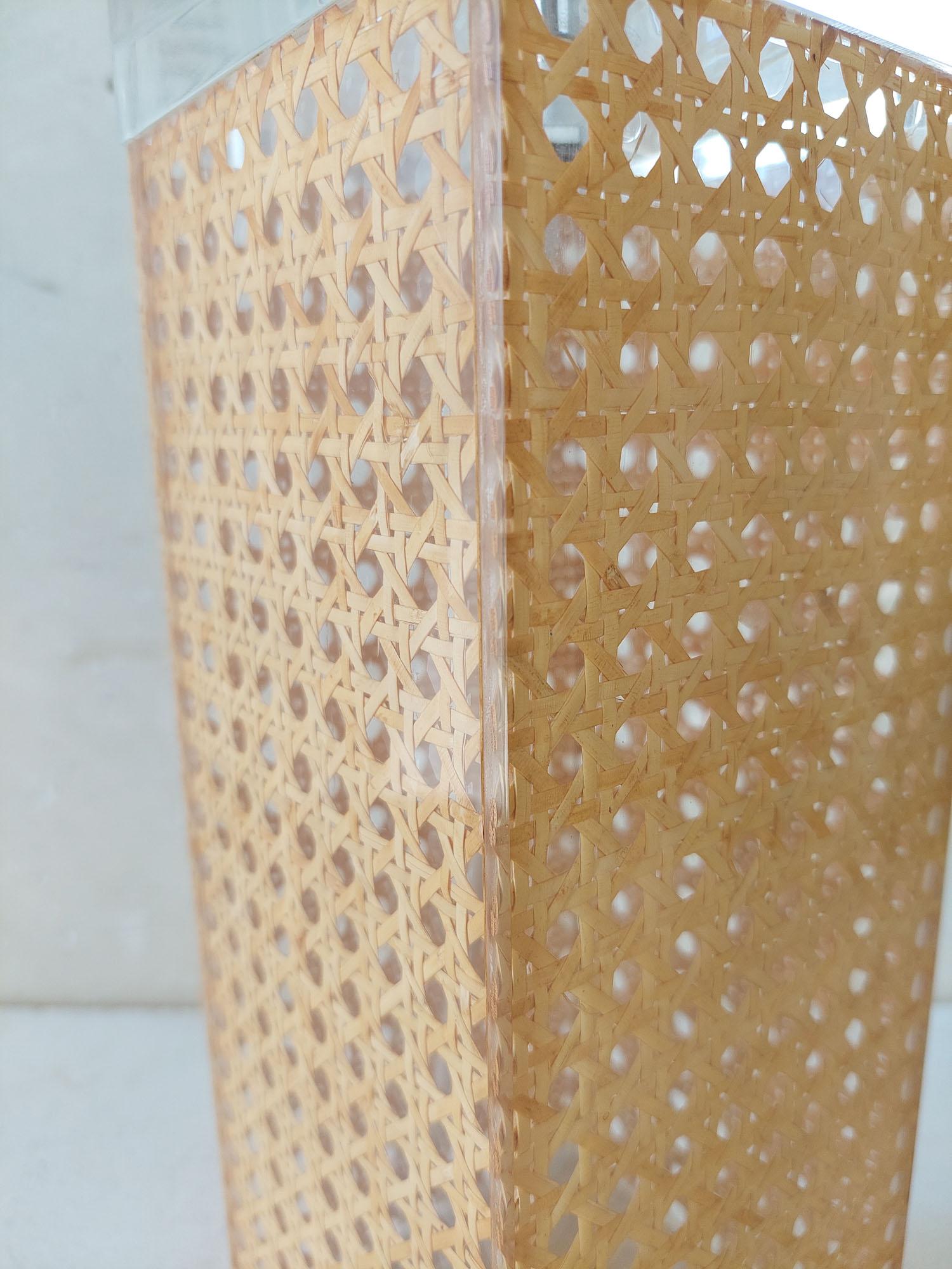 Wicker Large Dior Homestyle Table Lamp Woven Cane in Plexiglass For Sale