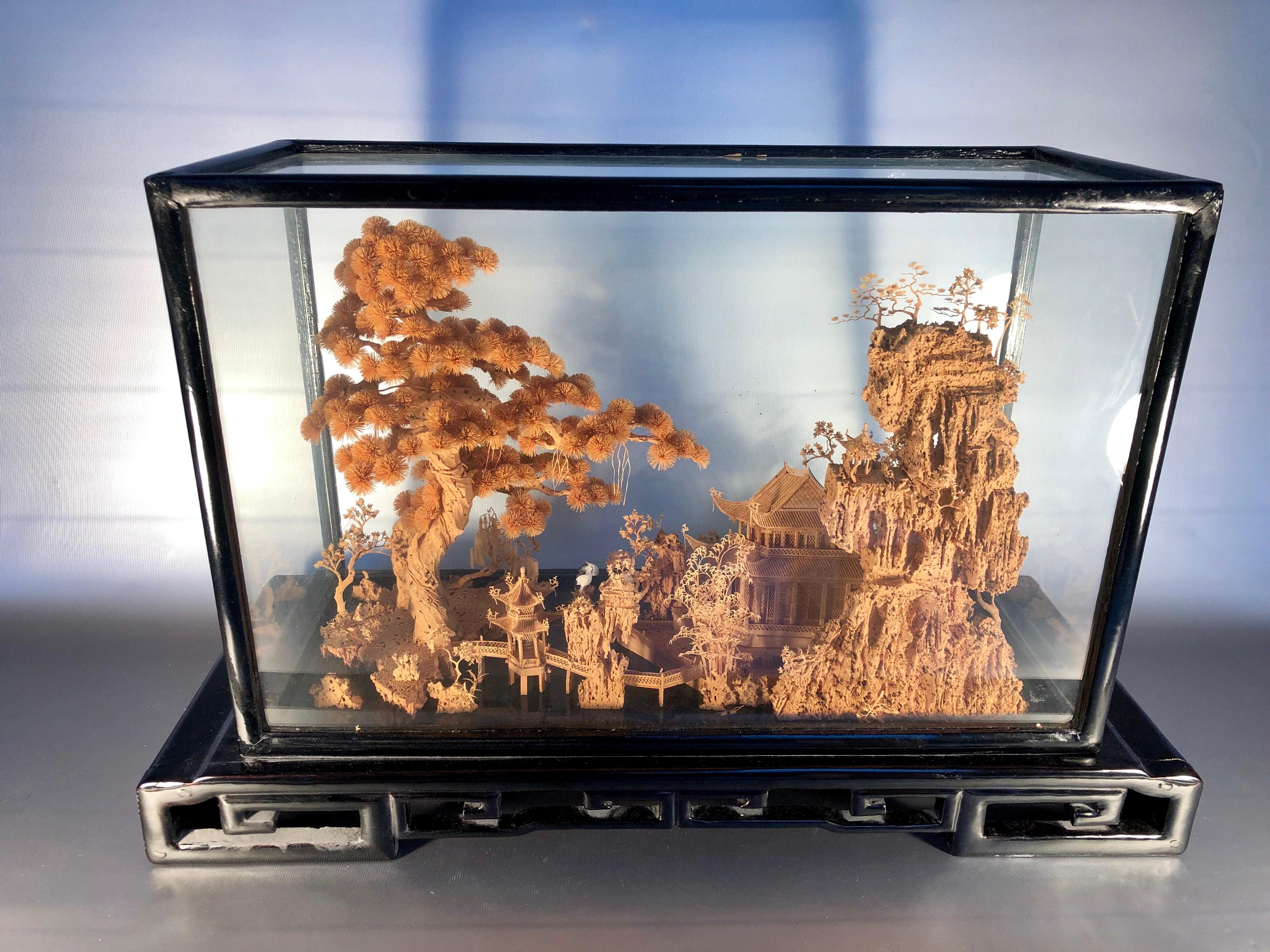 Large Diorama 3D hand carved cork art scenic black lacquer.