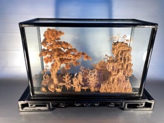 Large Diorama 3D Hand Carved Cork Art Scenic Black Lacquer San You