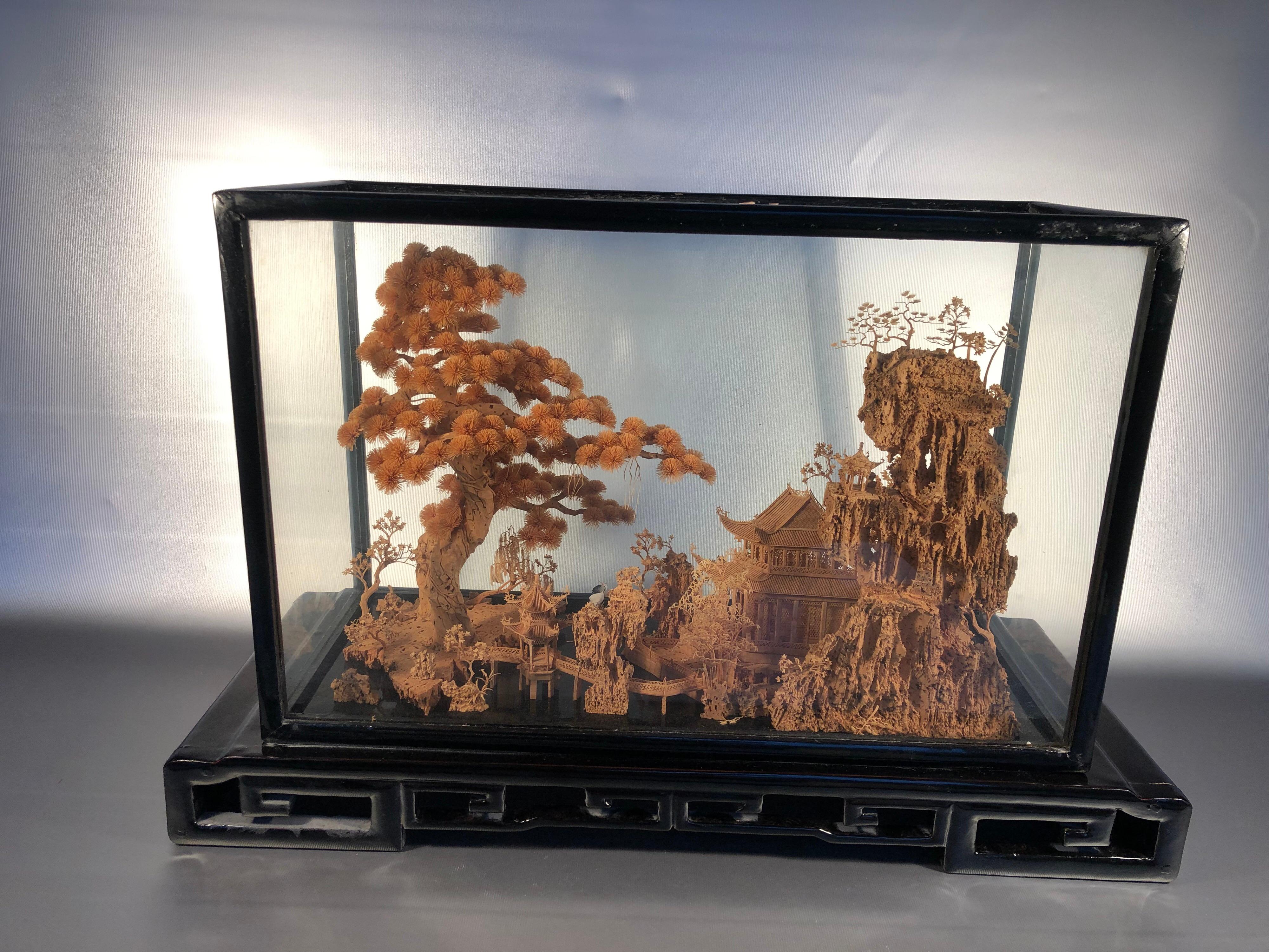 Mid-Century Modern Large Diorama 3D Hand Carved Cork Art Scenic Black Lacquer San You