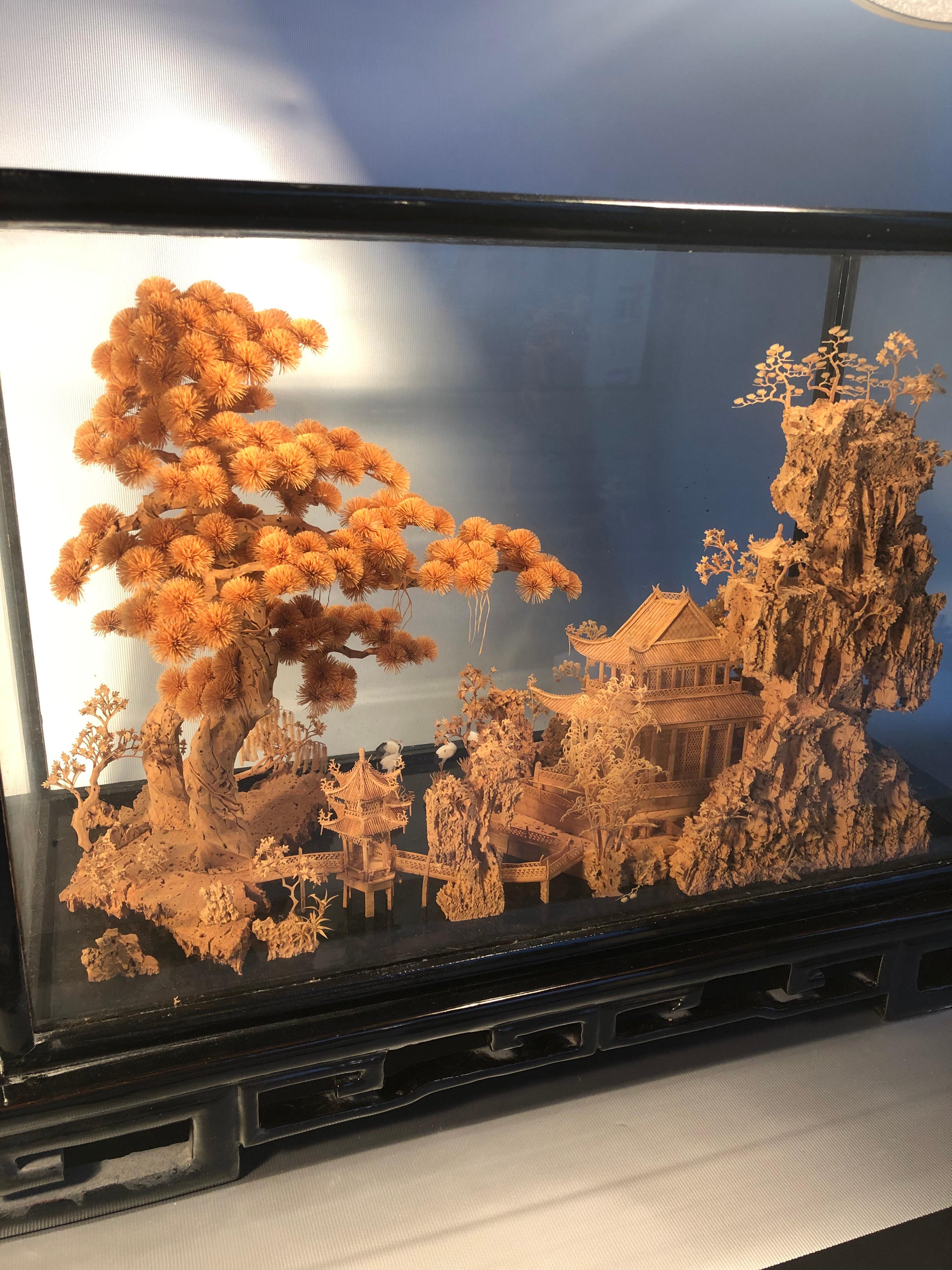 Japanese Large Diorama 3D Hand Carved Cork Art Scenic Black Lacquer San You