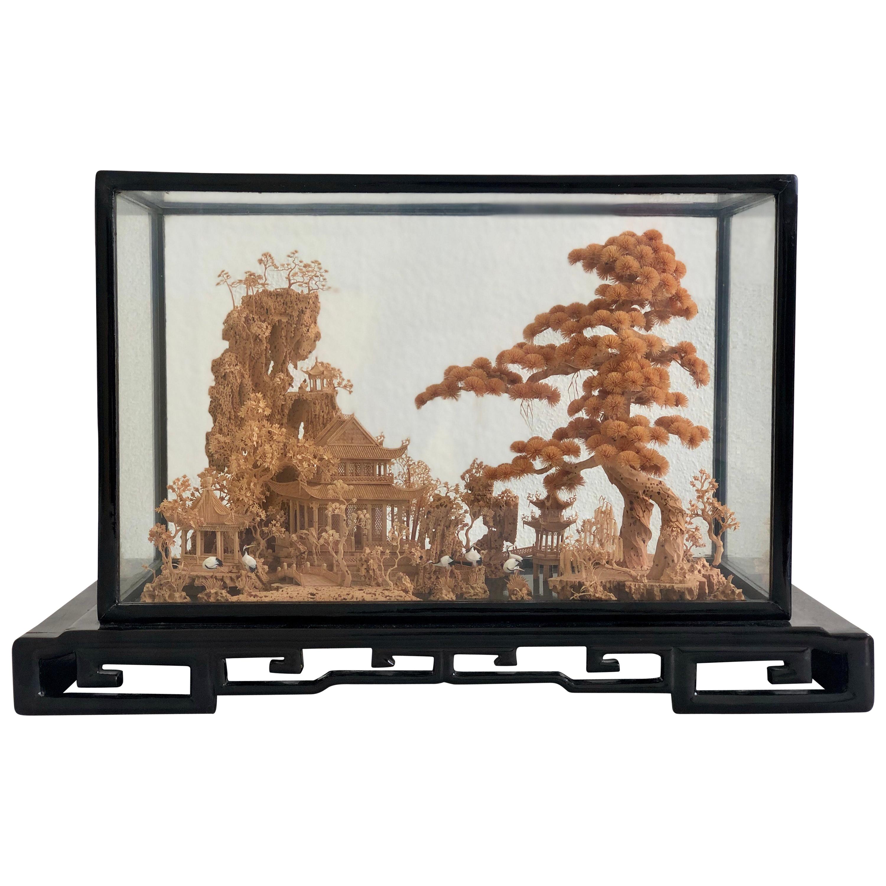 Large Diorama 3D Hand Carved Cork Art Scenic Black Lacquer San You