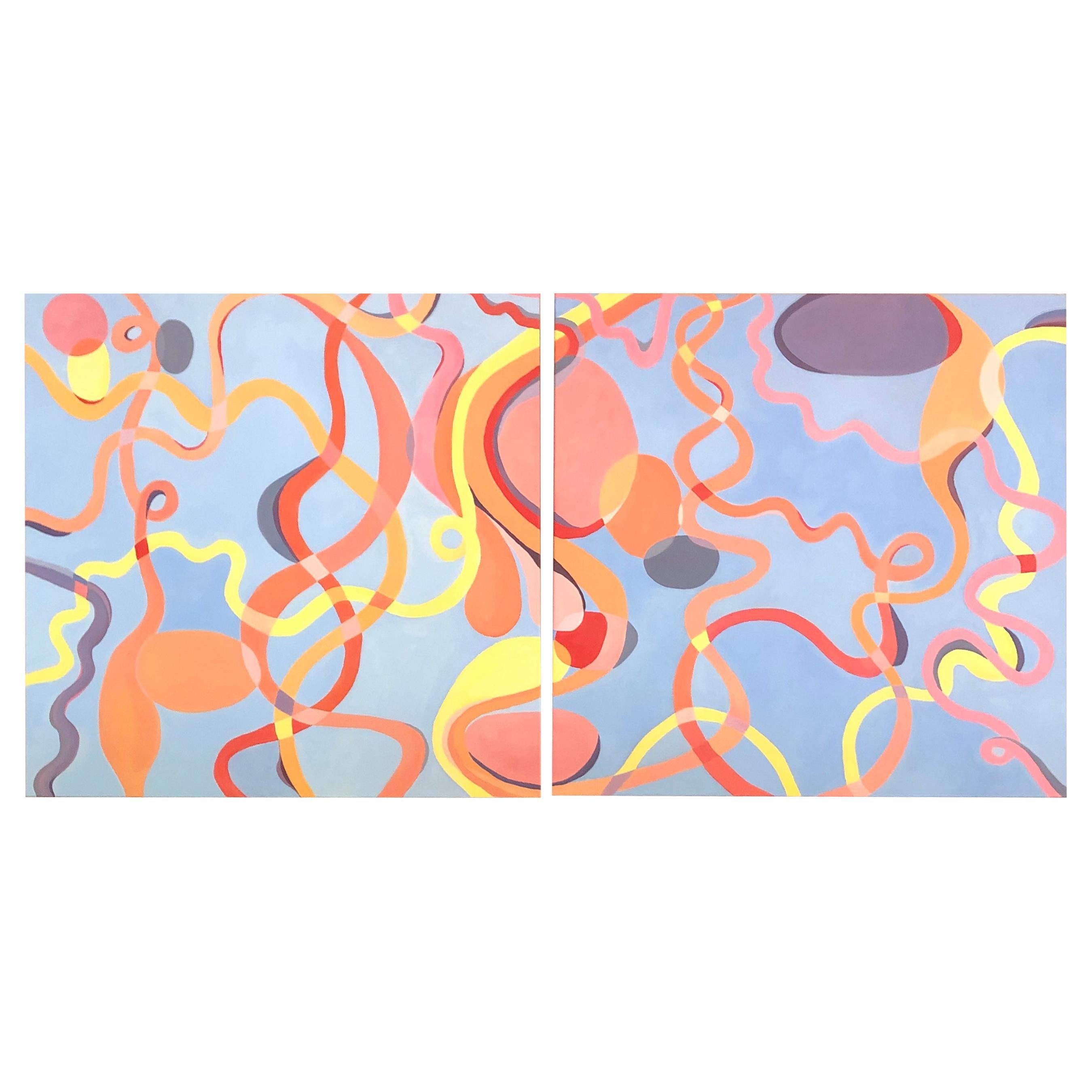 Large Diptych Abstract Painting on Two Square Canvases For Sale