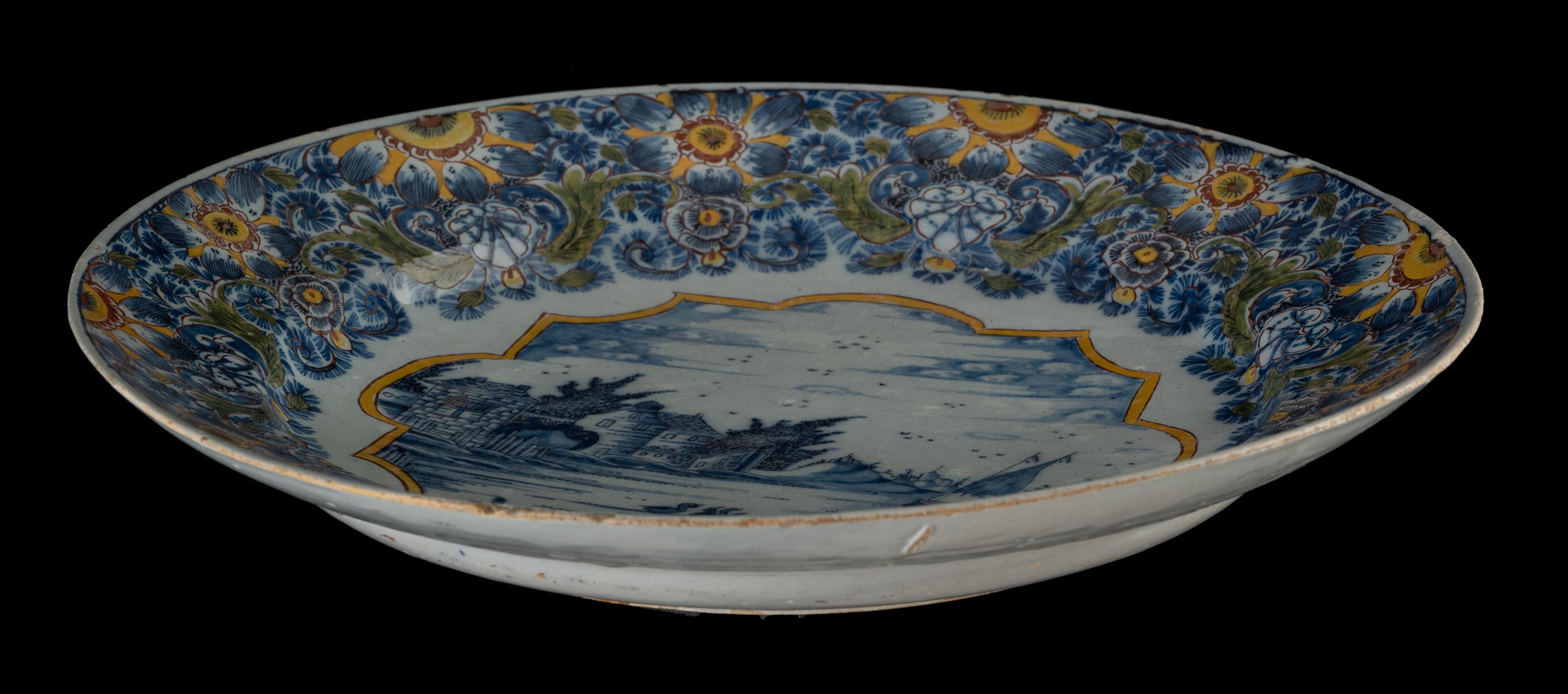 Glazed Large Dish with a Dutch Water Landscape Delft, 1760-1780 For Sale