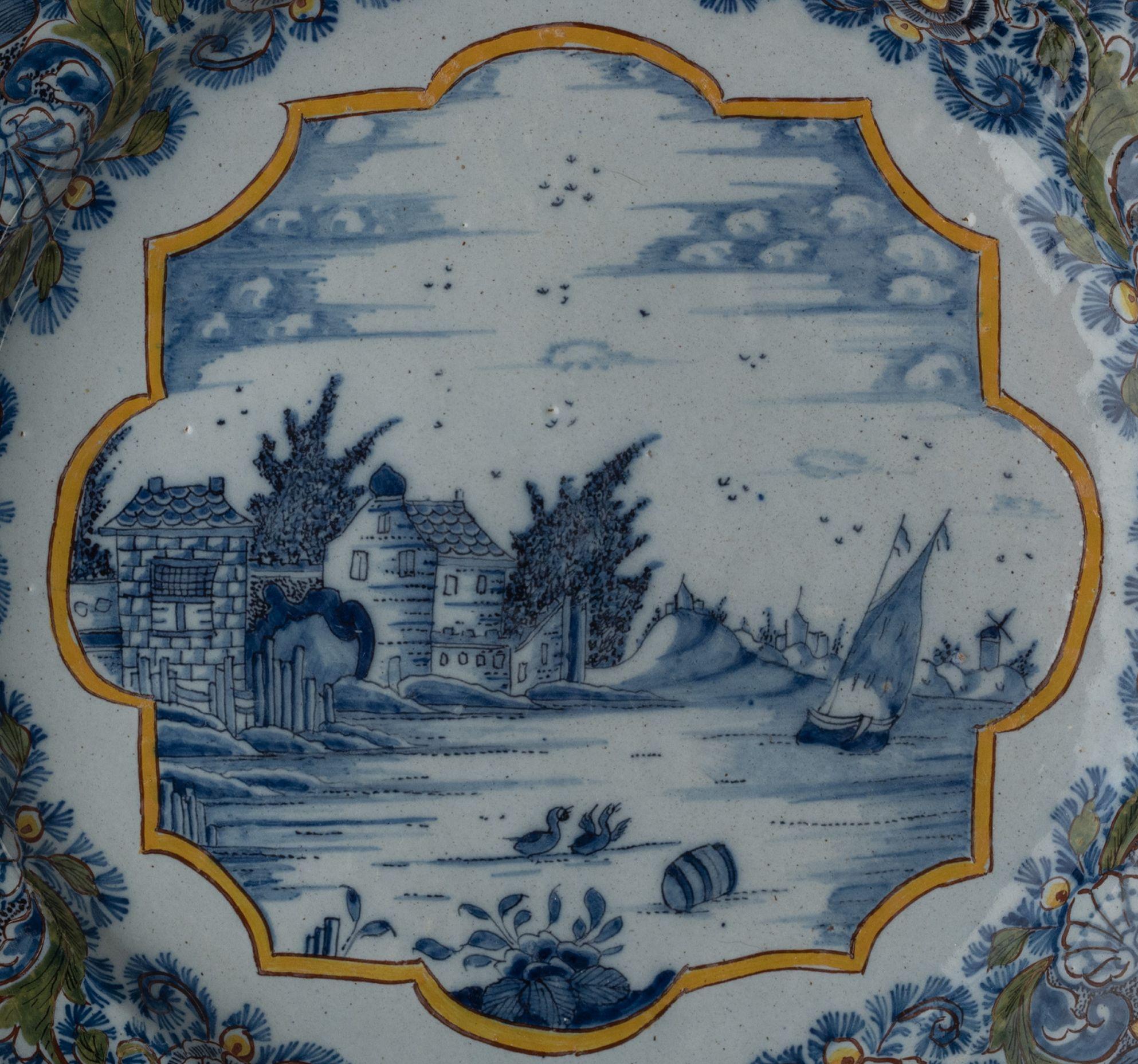 Ceramic Large Dish with a Dutch Water Landscape Delft, 1760-1780 For Sale