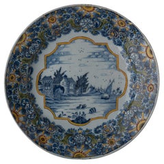 Antique Large Dish with a Dutch Water Landscape Delft, 1760-1780
