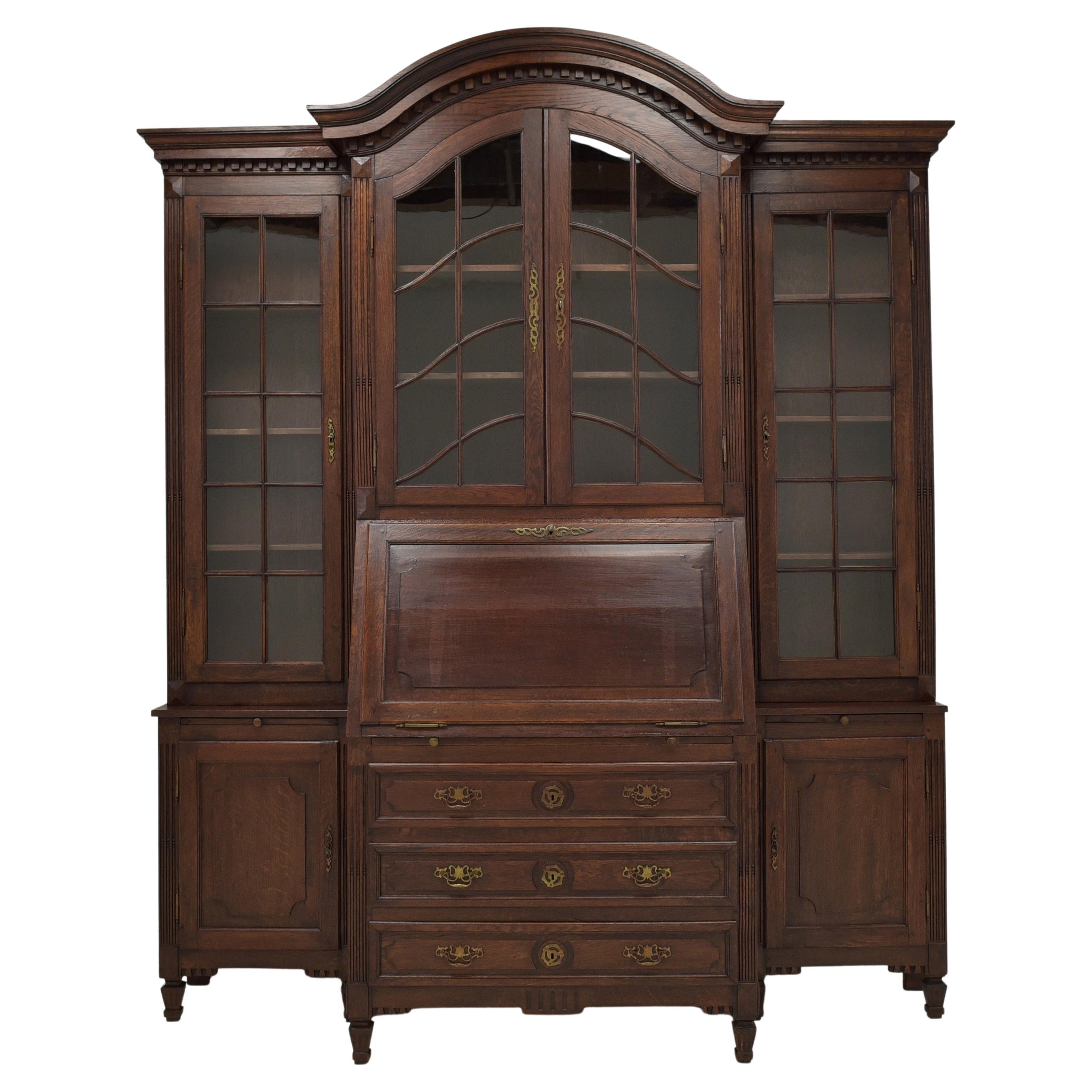Large Display Cabinet / Bookcase with Secretary in Oak, 1900 For Sale