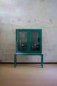 Large Display Cabinet in Green Lacquered wood with Brass Details