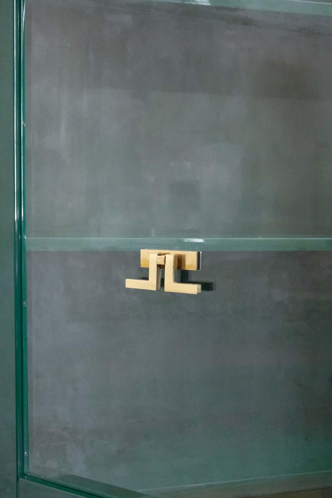 Glass Large Display Cabinet in Green Lacquered wood with Brass Details For Sale