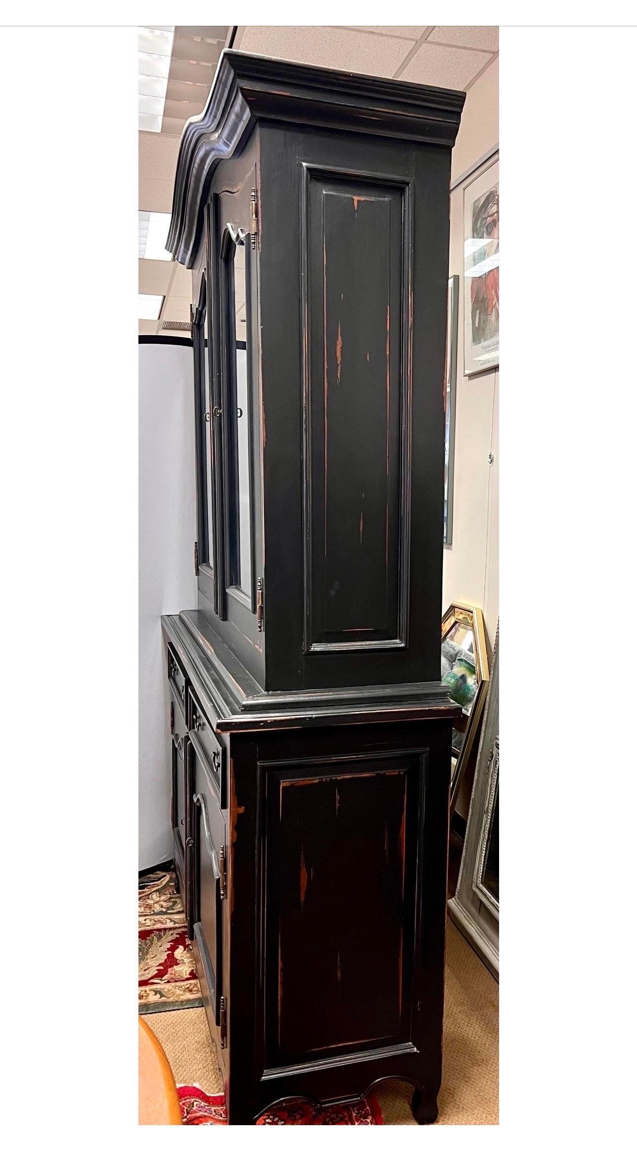 Large Distressed Black Painted China Display Cabinet Hutch In Good Condition For Sale In West Hartford, CT