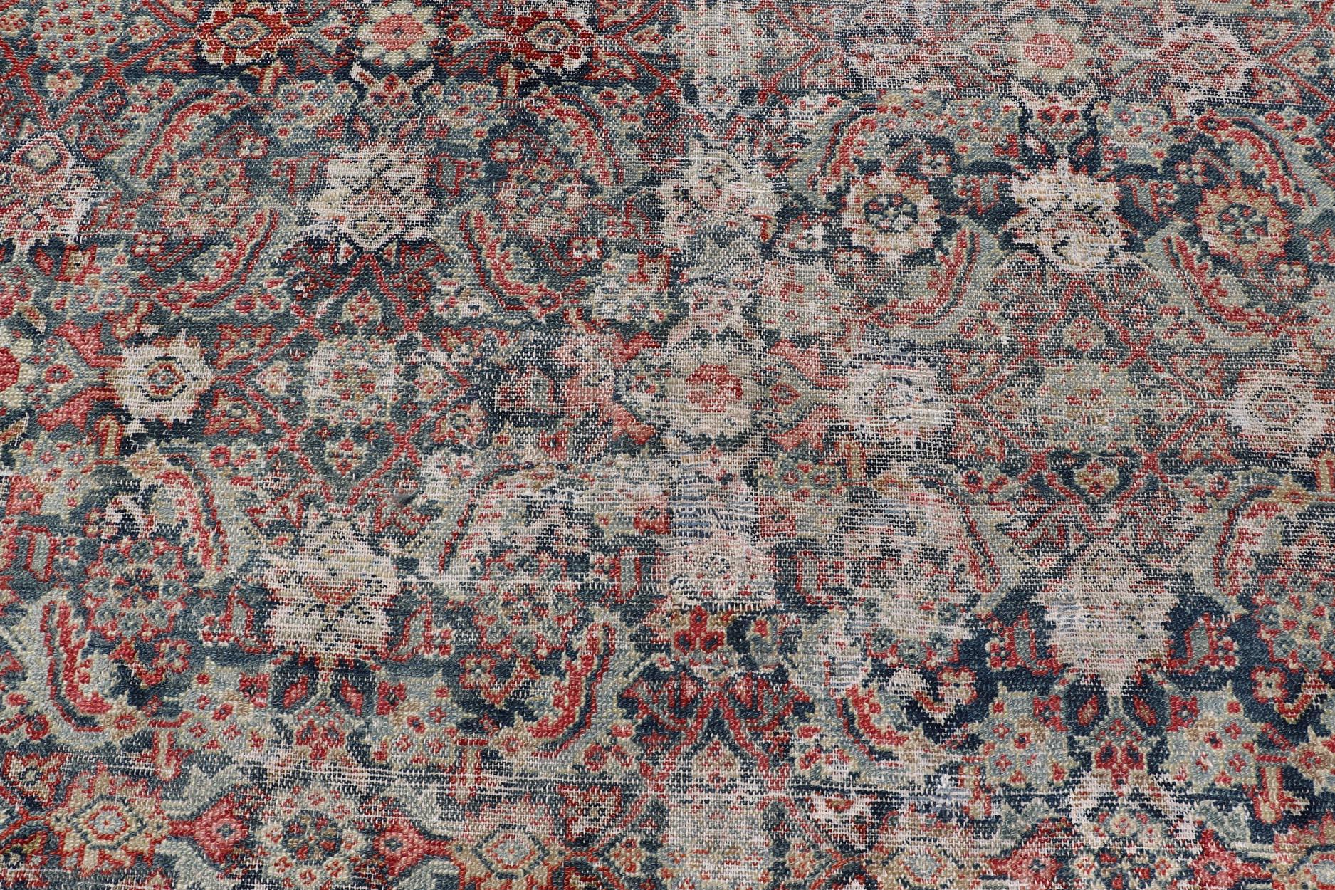 Hand-Knotted Large Distressed Gallery Persian Malayer Runner in Herati Design For Sale