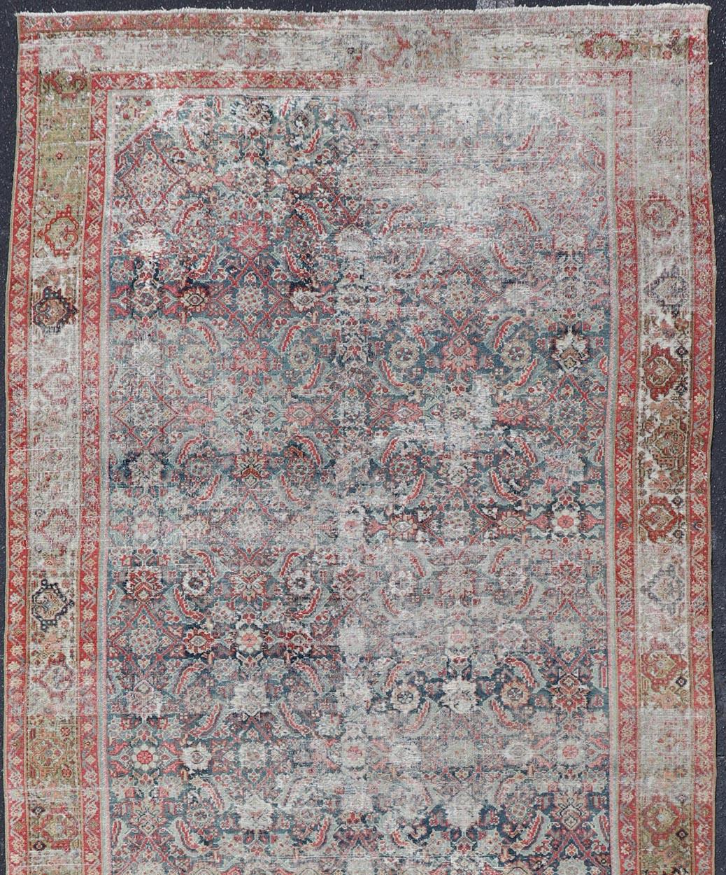 Wool Large Distressed Gallery Persian Malayer Runner in Herati Design For Sale