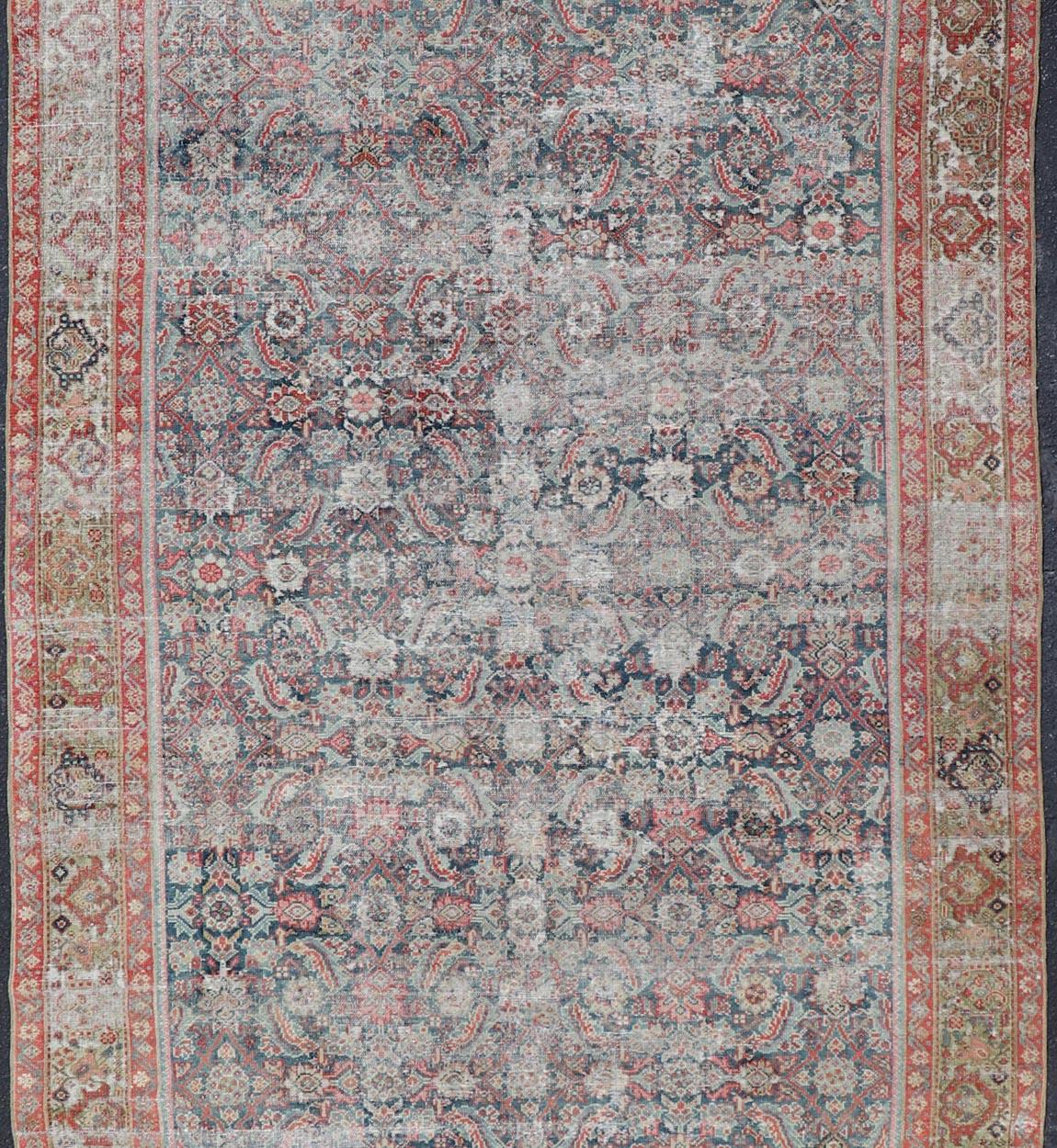 Large Distressed Gallery Persian Malayer Runner in Herati Design For Sale 1