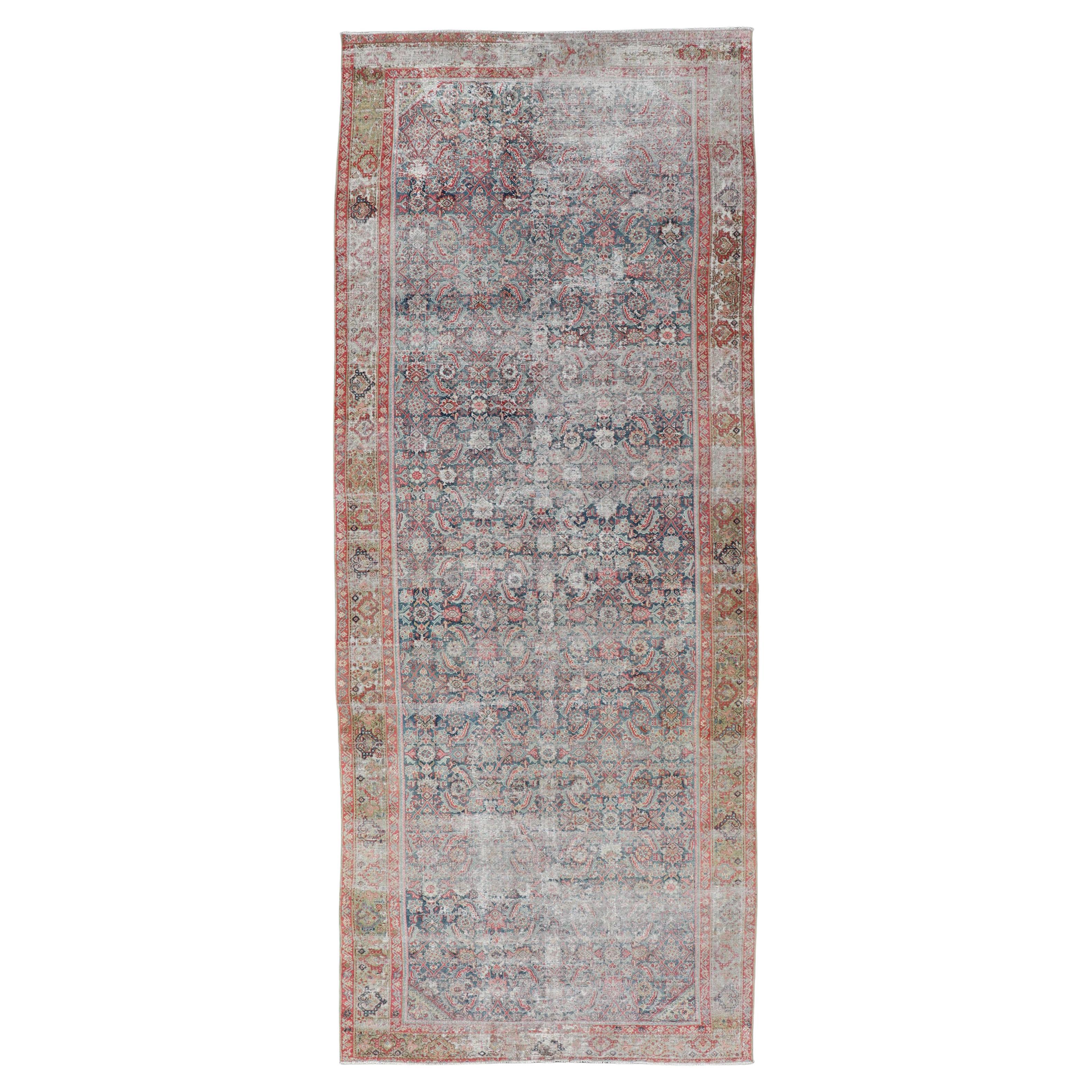 Large Distressed Gallery Persian Malayer Runner in Herati Design For Sale