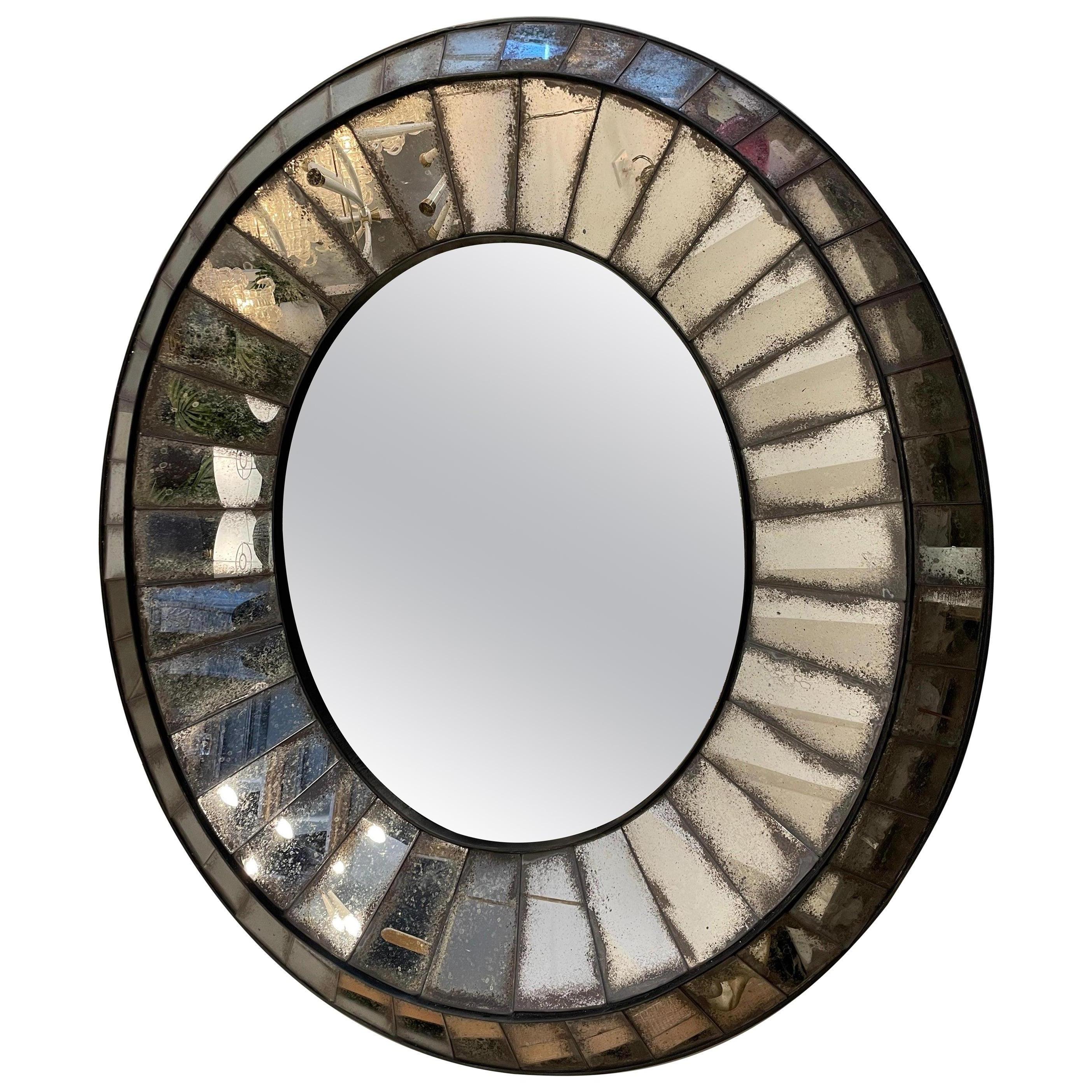 Large Distressed Oval Cushion Panelled Mirror For Sale
