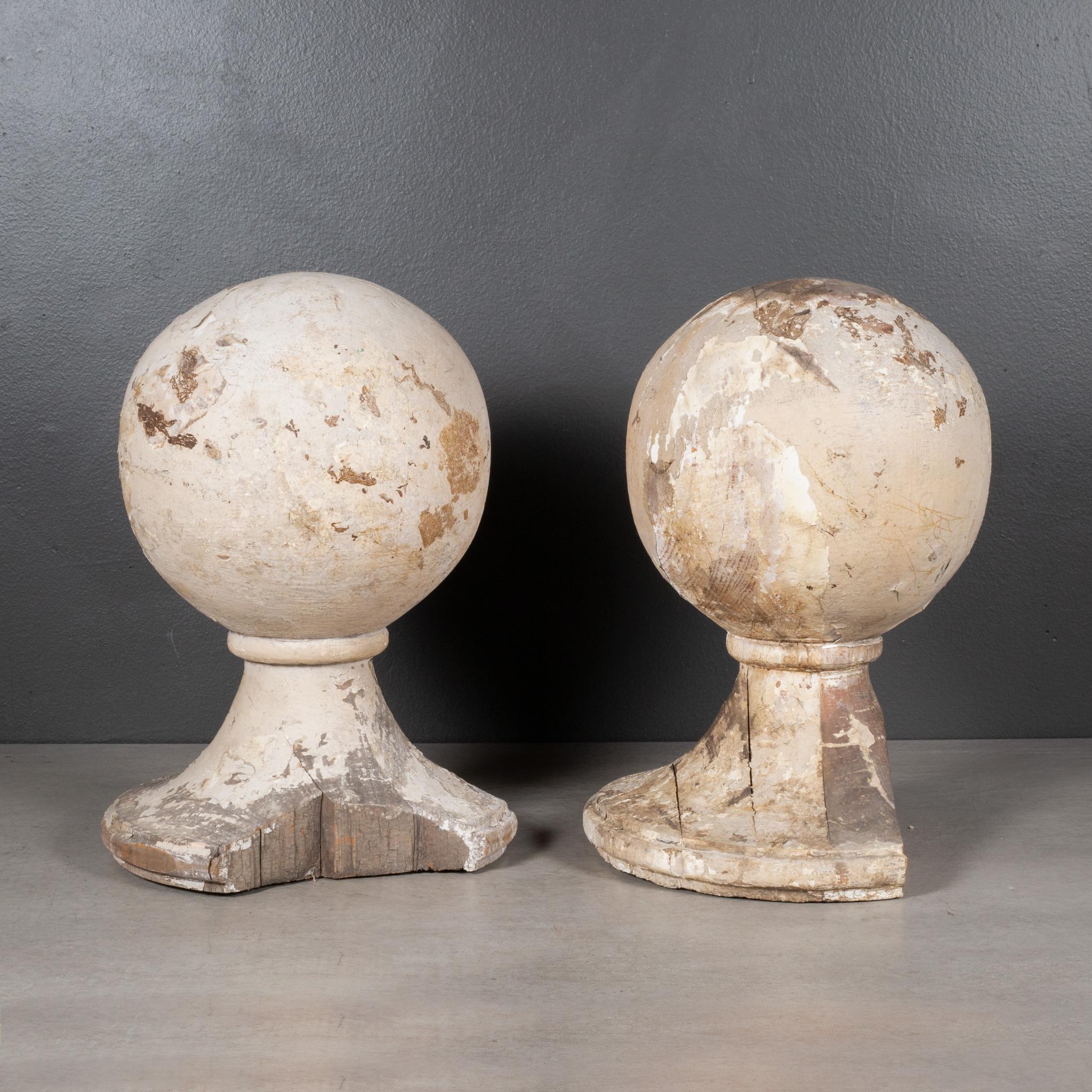 ABOUT

A pair of large distressed architectural wooden ball finials.

    CREATOR Unknown.
    DATE OF MANUFACTURE c.1880-1920.
    MATERIALS AND TECHNIQUES Wood.
    CONDITION Good. Wear consistent with age and use. Loss of paint. Loss of wood on