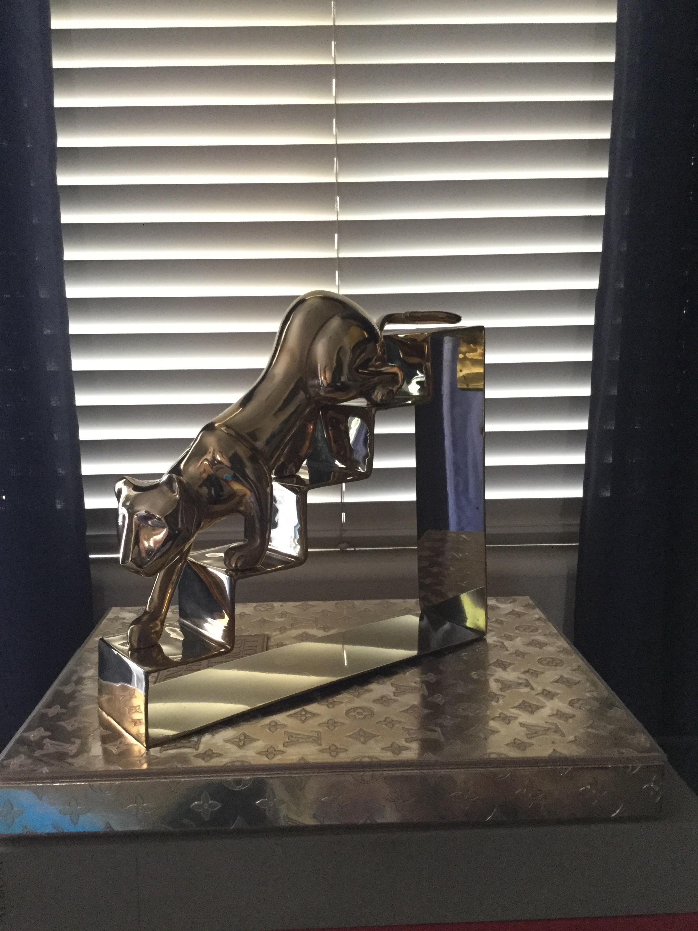 Art Deco Large Dolbi Panther on Steps Brass Figurine
