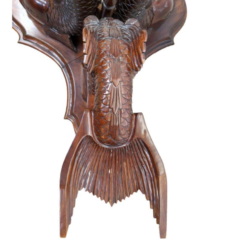 Hand-Carved Large Dolphin Wood Carved Center Table With Glass Top