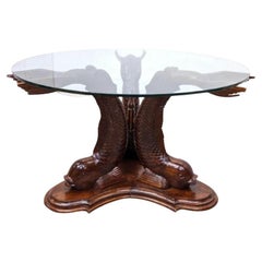 Large Dolphin Wood Carved Center Table With Glass Top