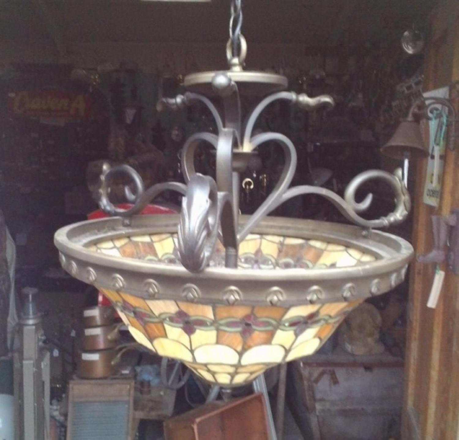 Substantial dome lights with colourful stained glass shades. Suitable for a big room, or commercial use. They measure 21