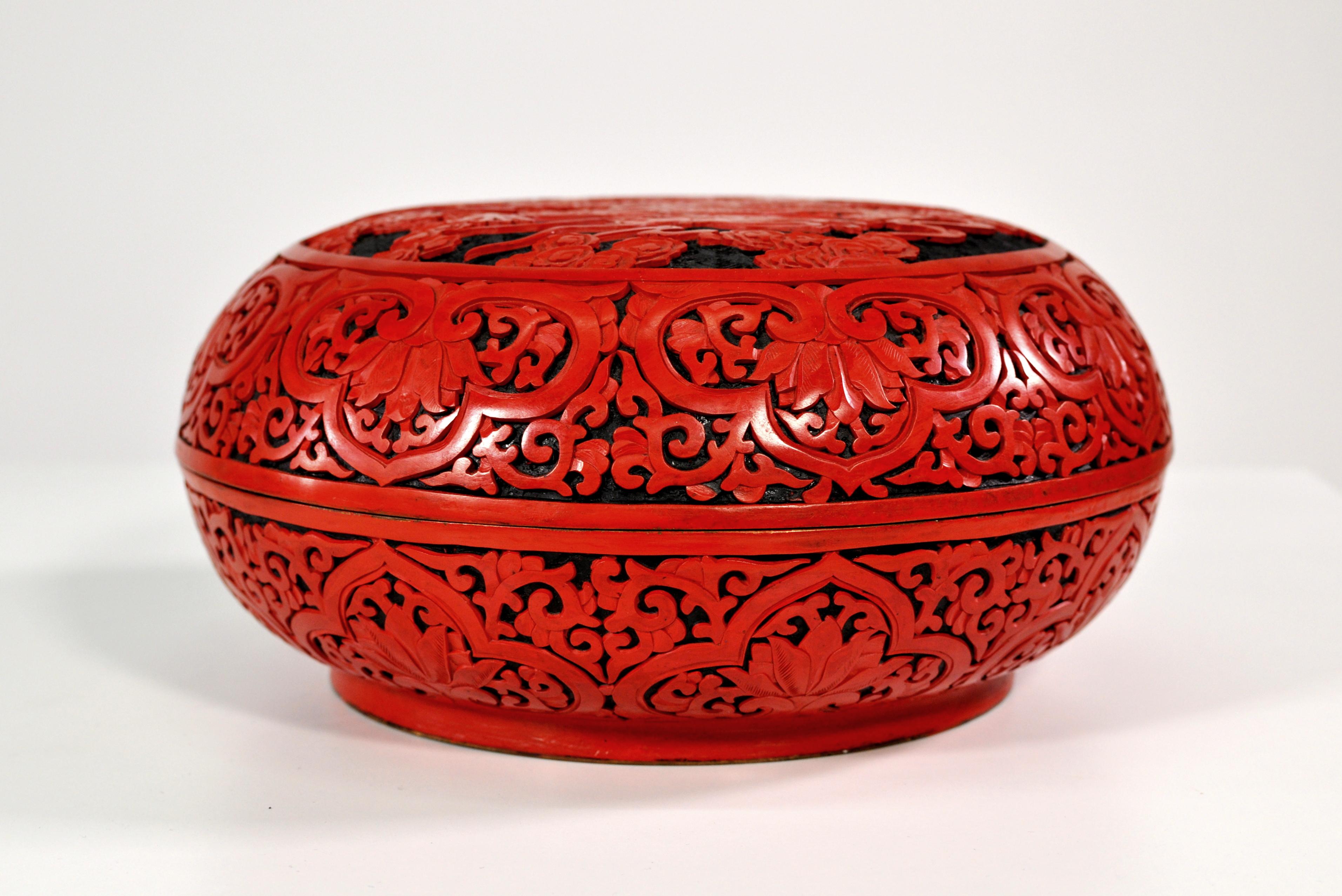 Hand-Carved Large Domed Chinese Cinnabar Box