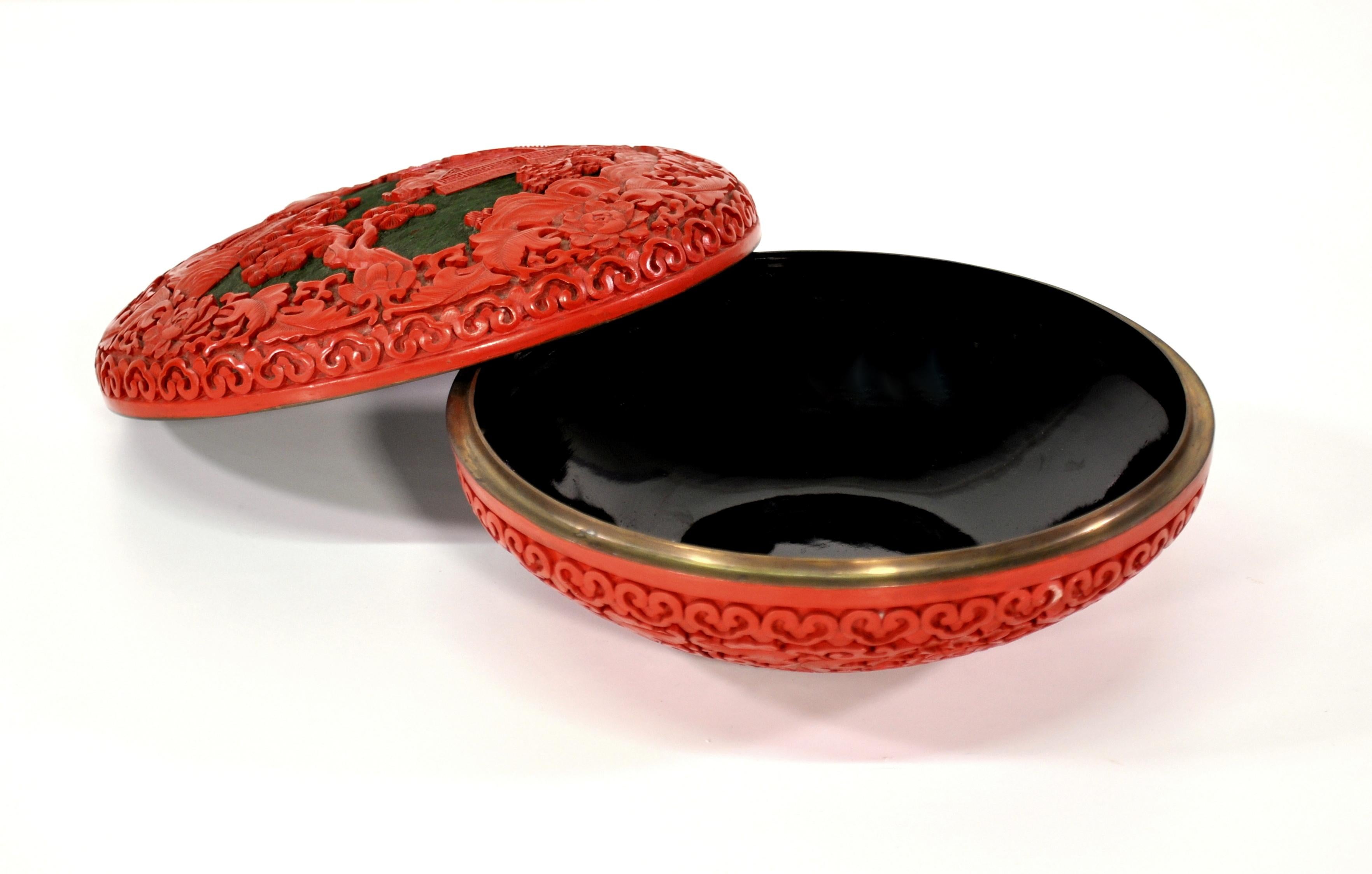 Hand-Carved Large Domed Chinese Cinnabar Box For Sale