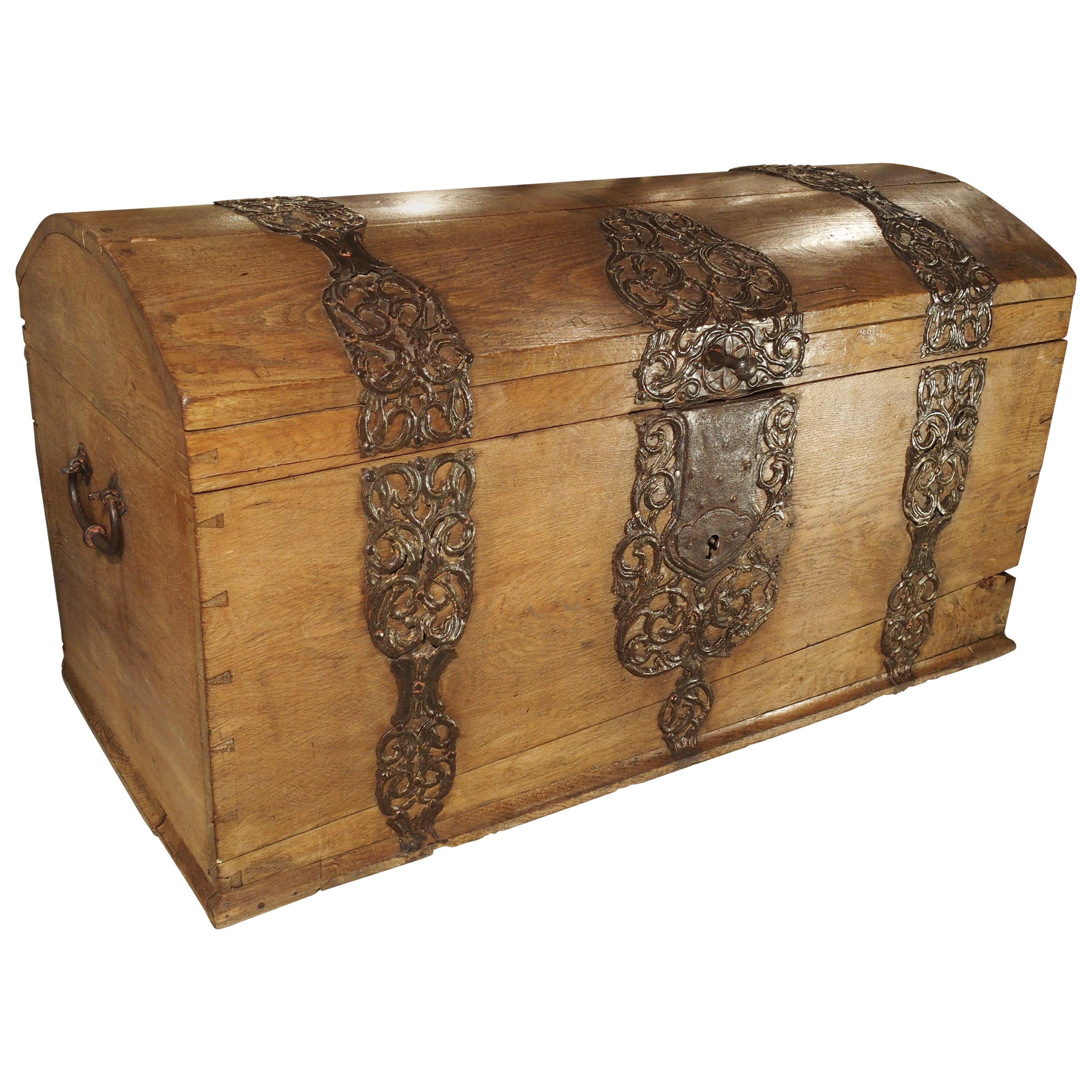 Large Domed Oak German Baroque Trunk with Decorative Iron Strapwork, circa 1700